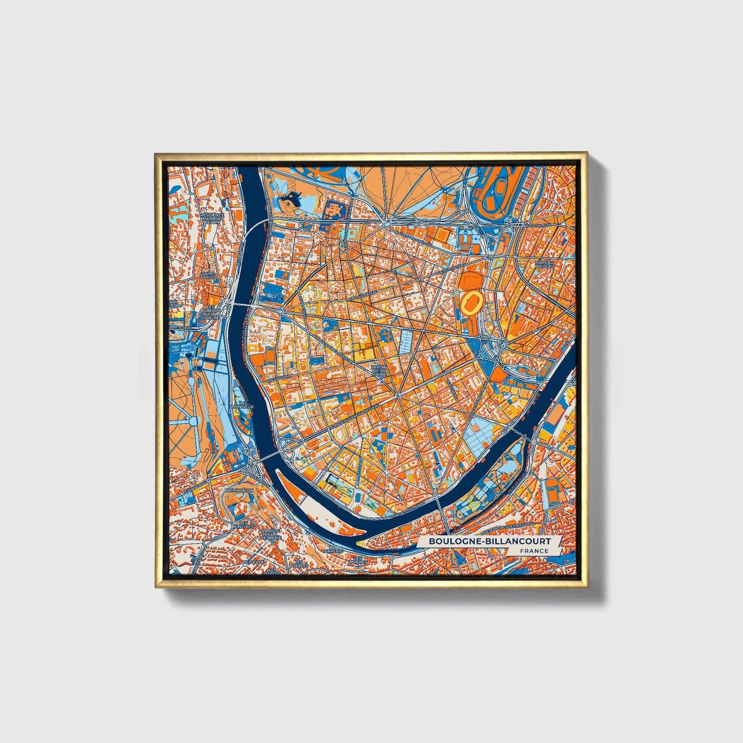 Boulogne-Billancourt France Colorful City Map Canvas Print • Gold Framed