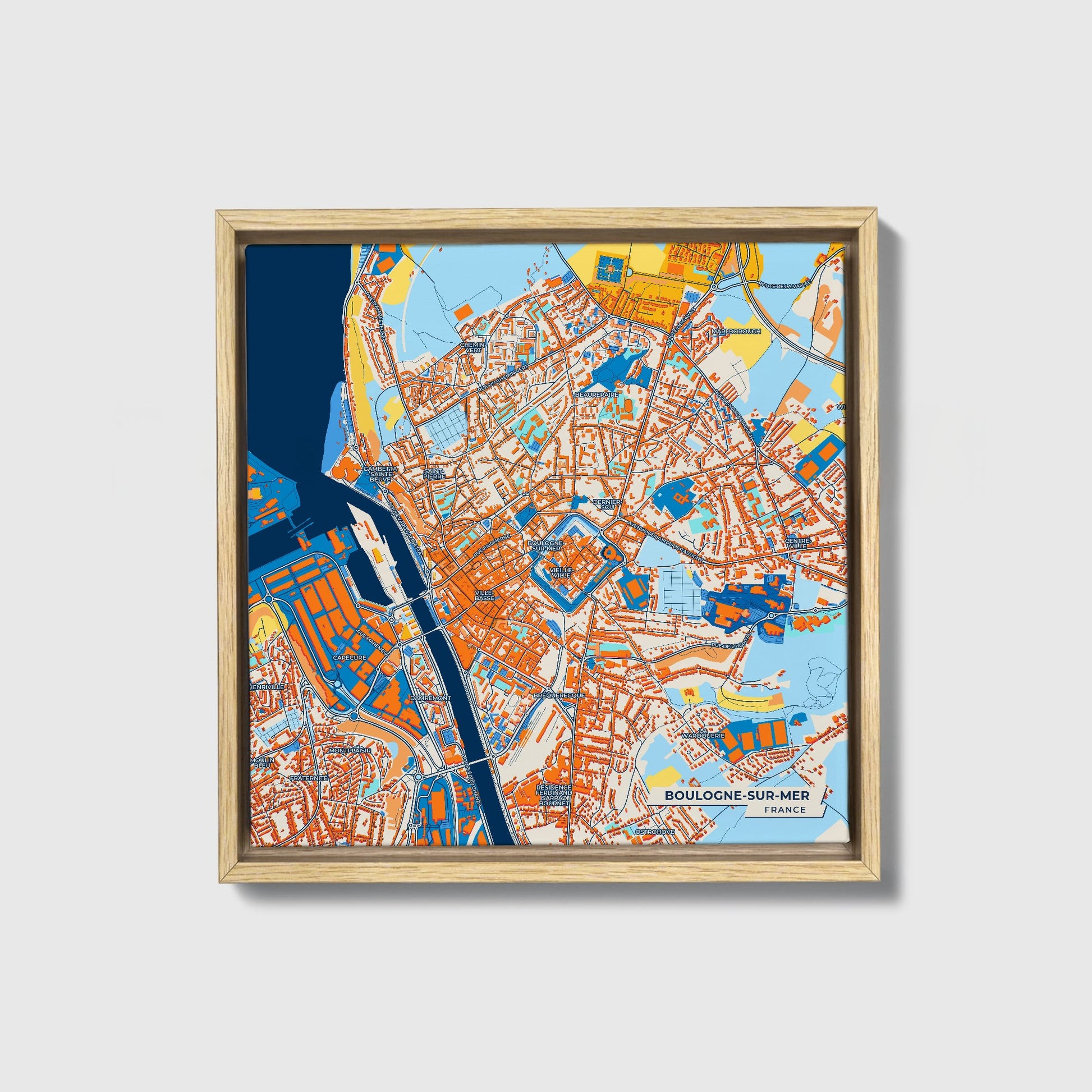 Boulogne-Sur-Mer France Colorful City Map Canvas Print • Natural Wooden Framed