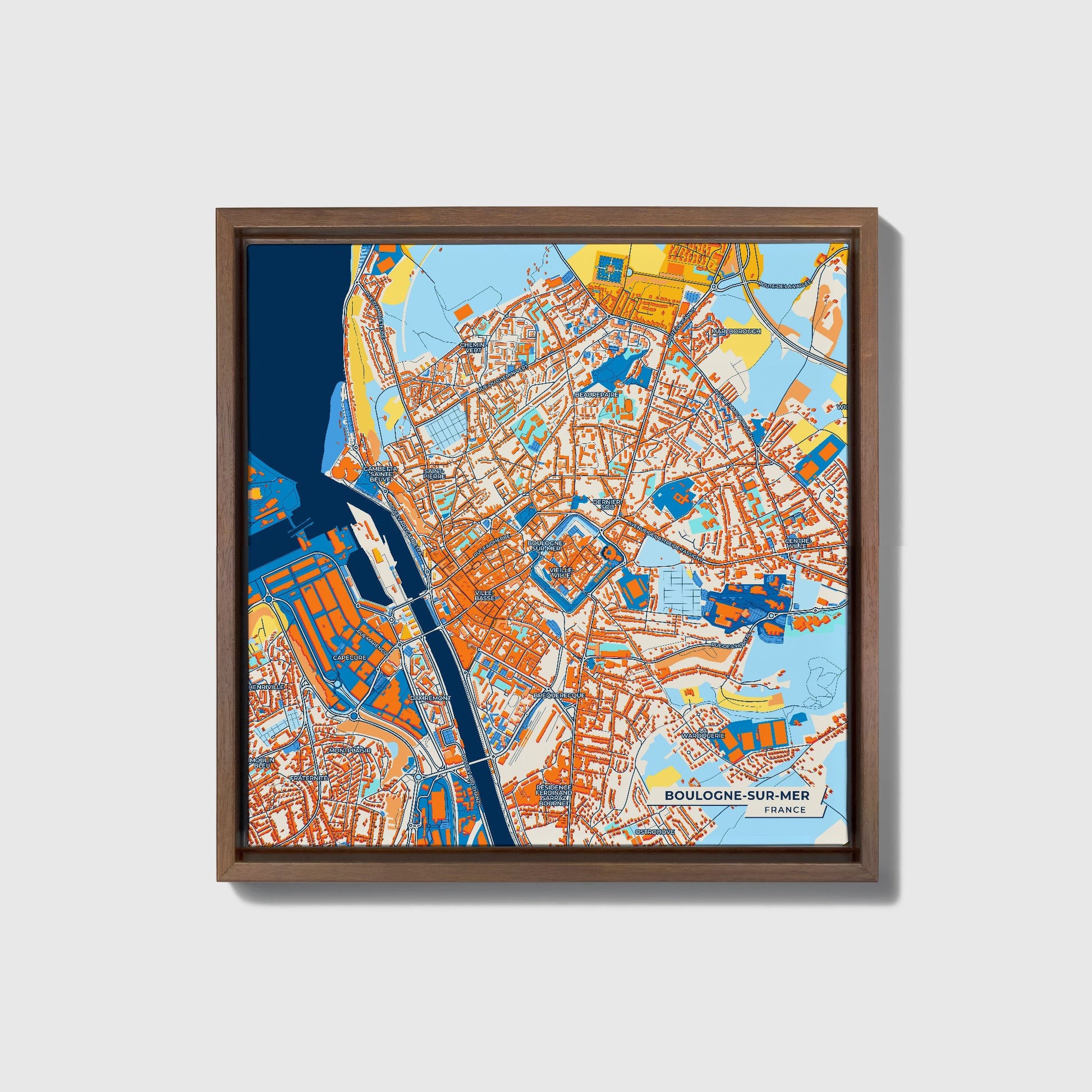 Boulogne-Sur-Mer France Colorful City Map Canvas Print • Dark Wooden Framed