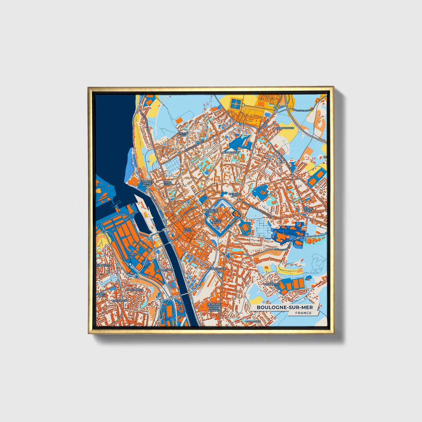 Boulogne-Sur-Mer France Colorful City Map Canvas Print • Gold Framed
