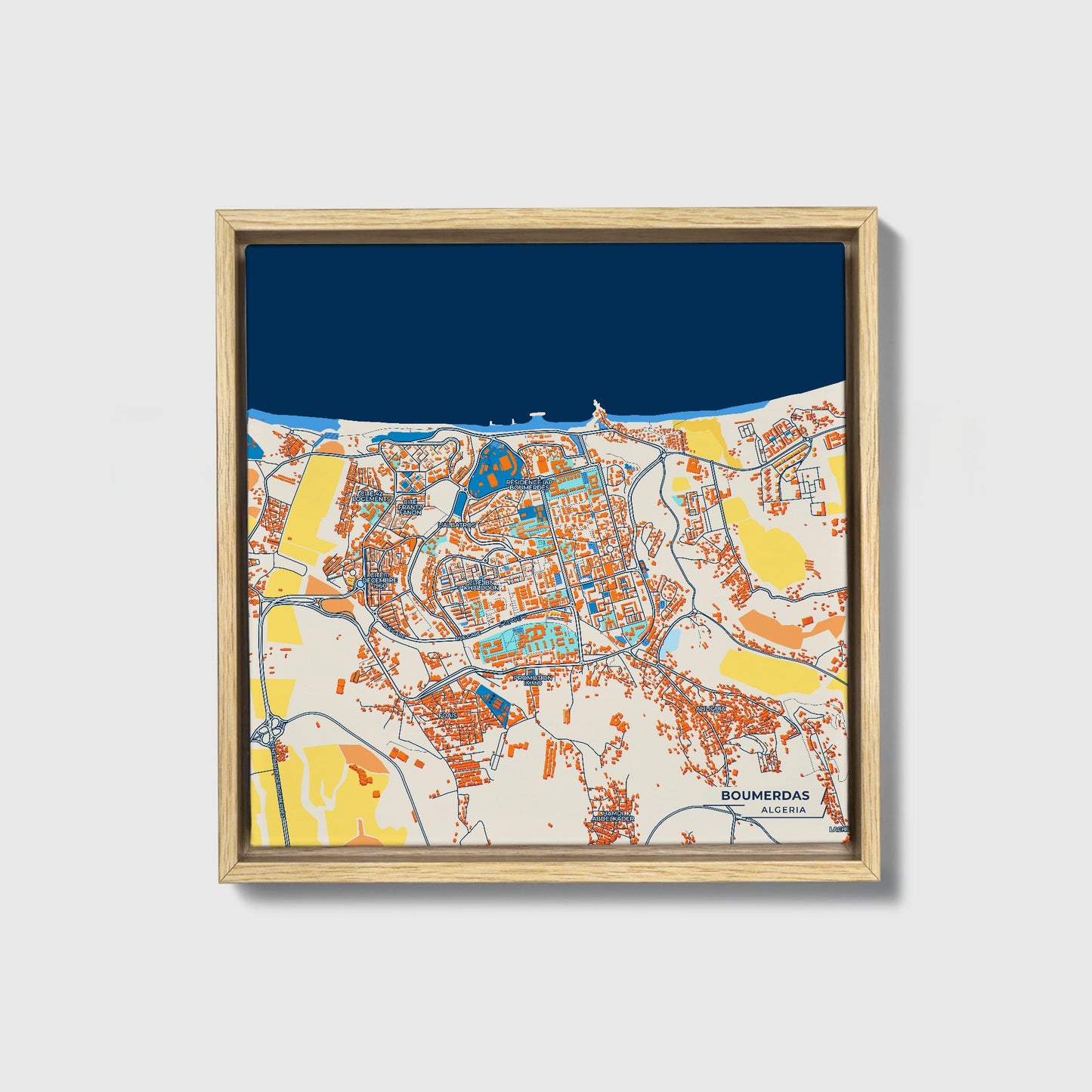 Boumerdas Algeria Colorful City Map Canvas Print • Natural Wooden Framed