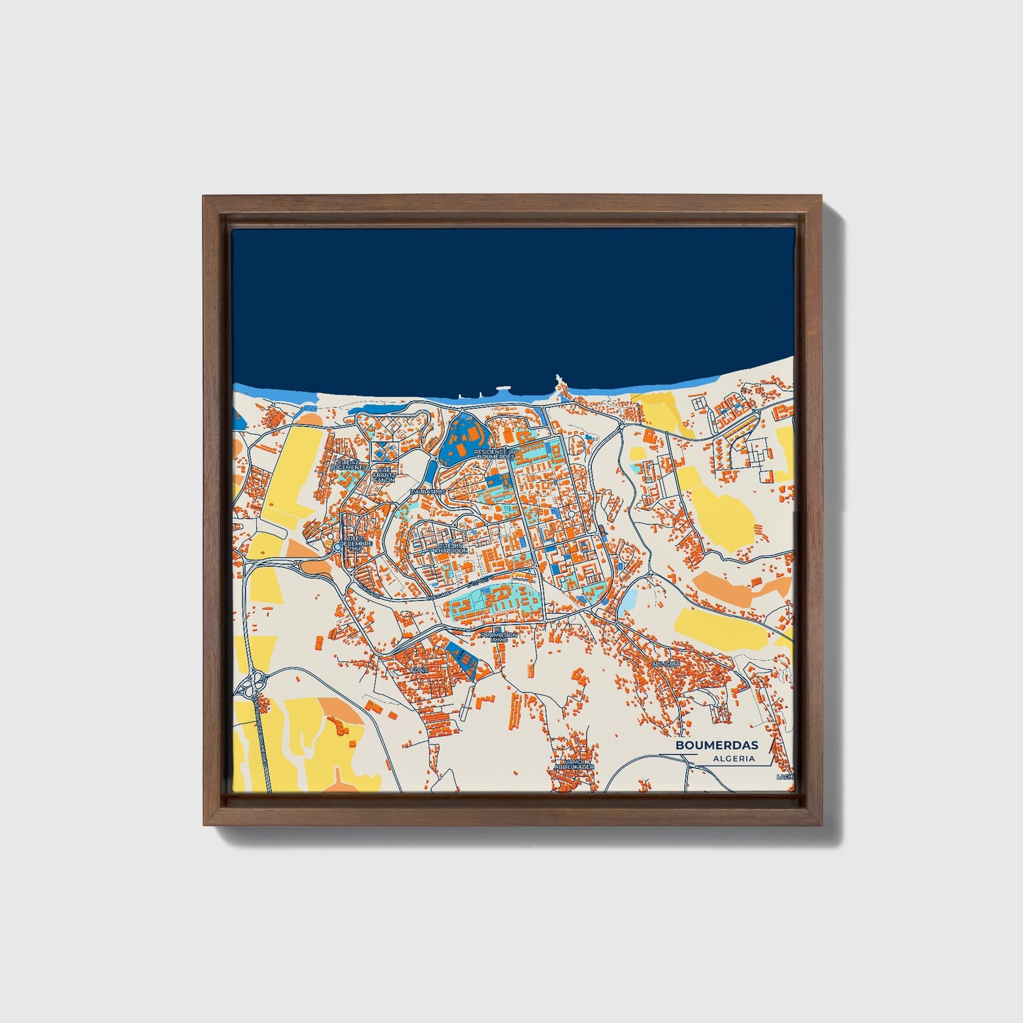 Boumerdas Algeria Colorful City Map Canvas Print • Dark Wooden Framed