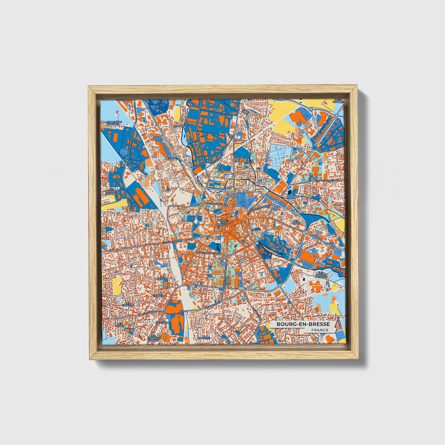 Bourg-En-Bresse France Colorful City Map Canvas Print • Natural Wooden Framed