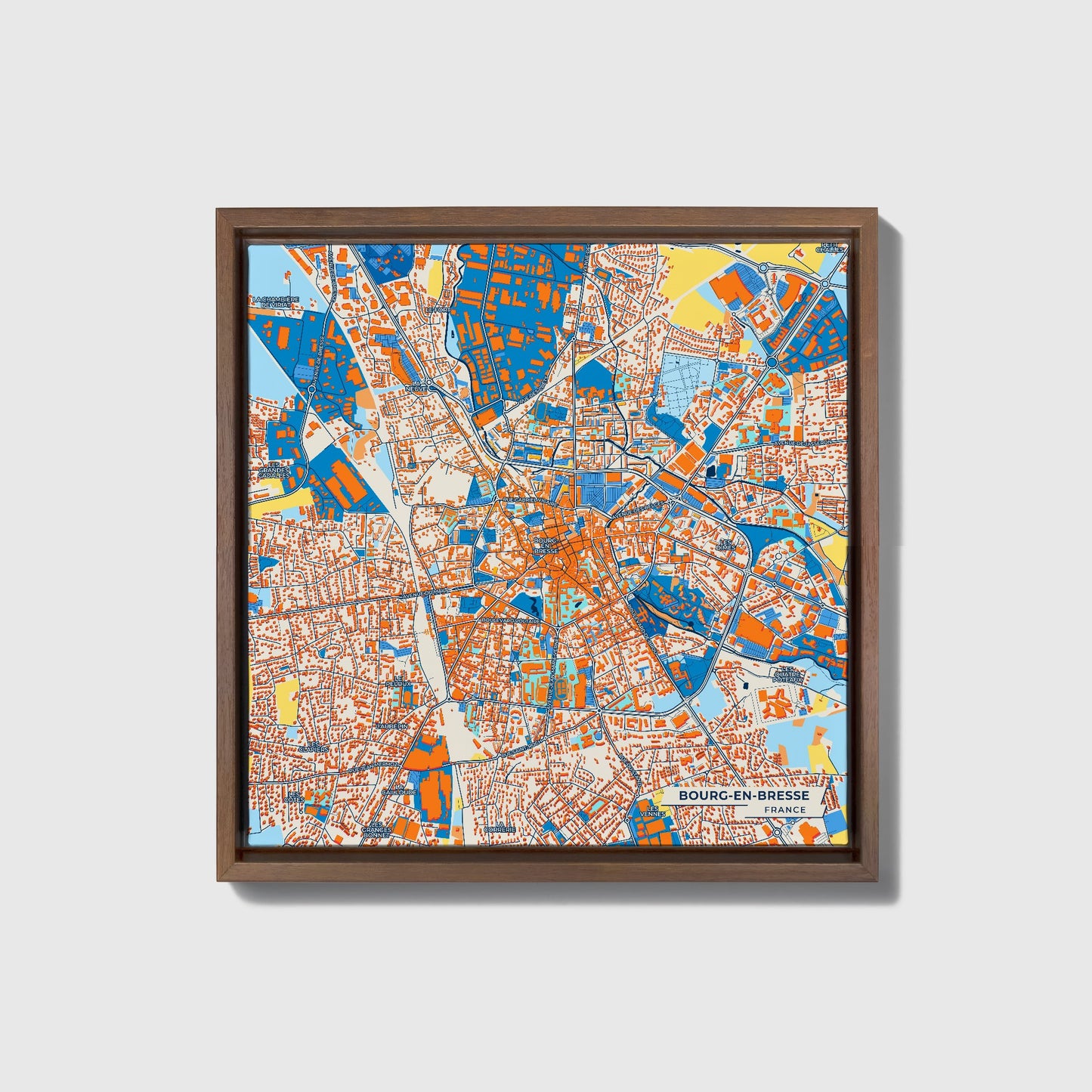 Bourg-En-Bresse France Colorful City Map Canvas Print • Dark Wooden Framed
