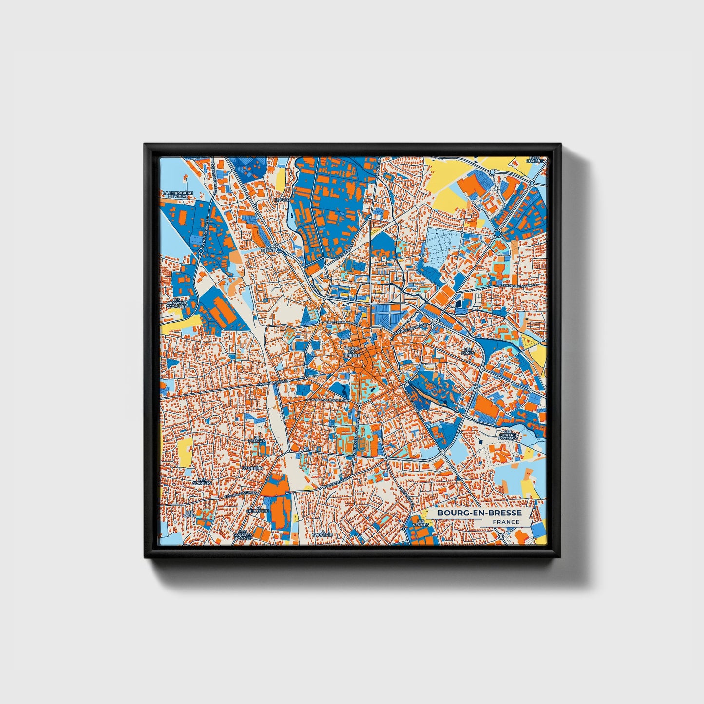 Bourg-En-Bresse France Colorful City Map Canvas Print • Black Framed