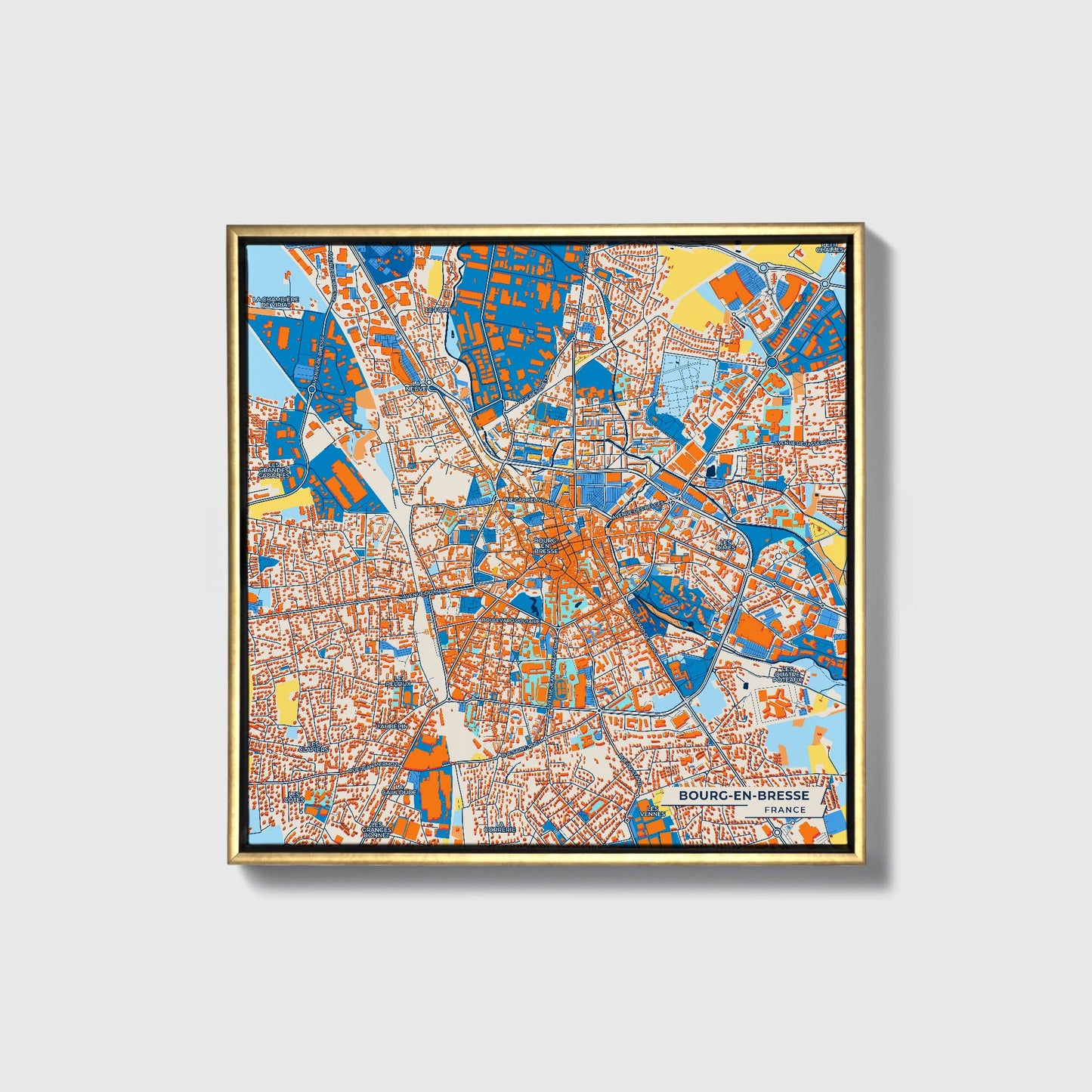 Bourg-En-Bresse France Colorful City Map Canvas Print • Gold Framed
