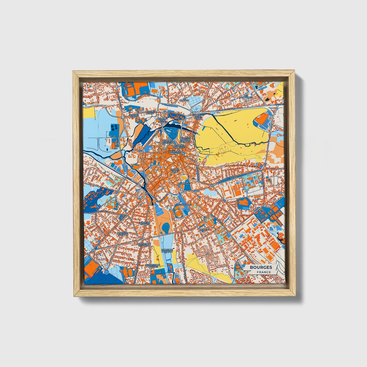 Bourges France Colorful City Map Canvas Print • Natural Wooden Framed