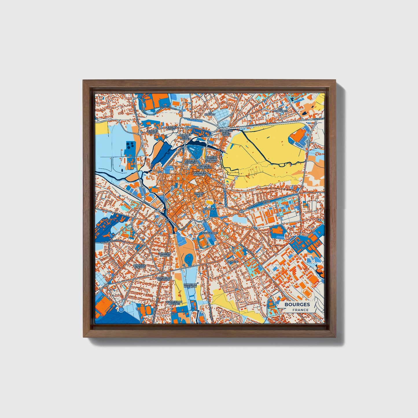 Bourges France Colorful City Map Canvas Print • Dark Wooden Framed
