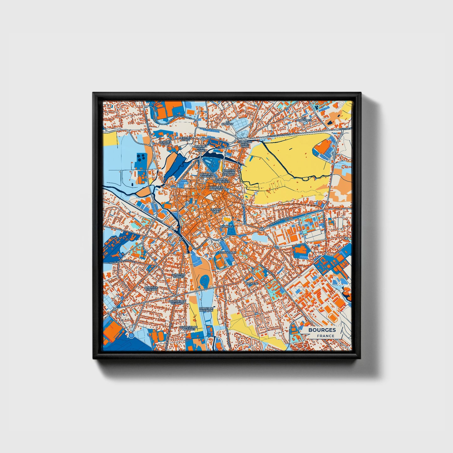 Bourges France Colorful City Map Canvas Print • Black Framed