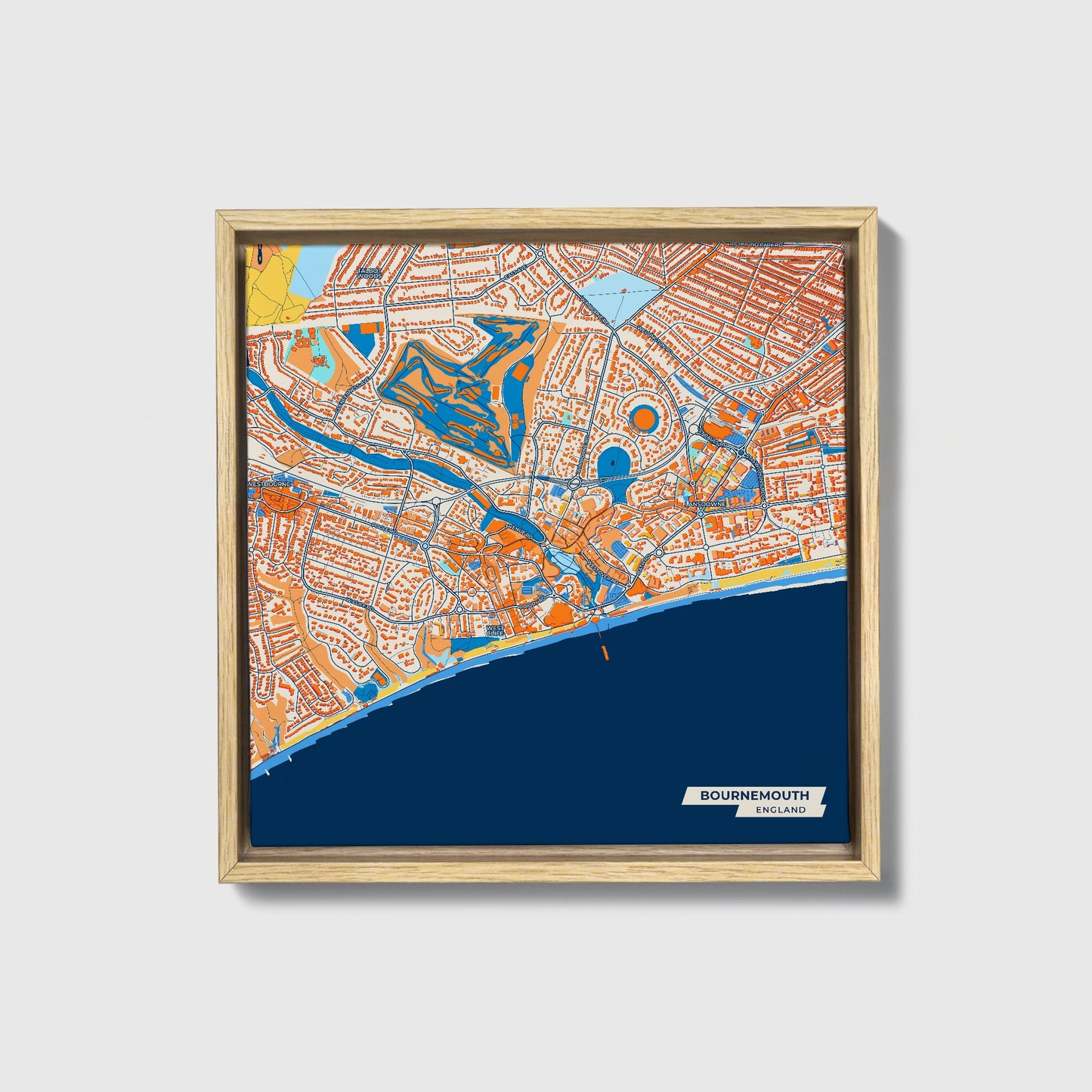 Bournemouth England Colorful City Map Canvas Print • Natural Wooden Framed