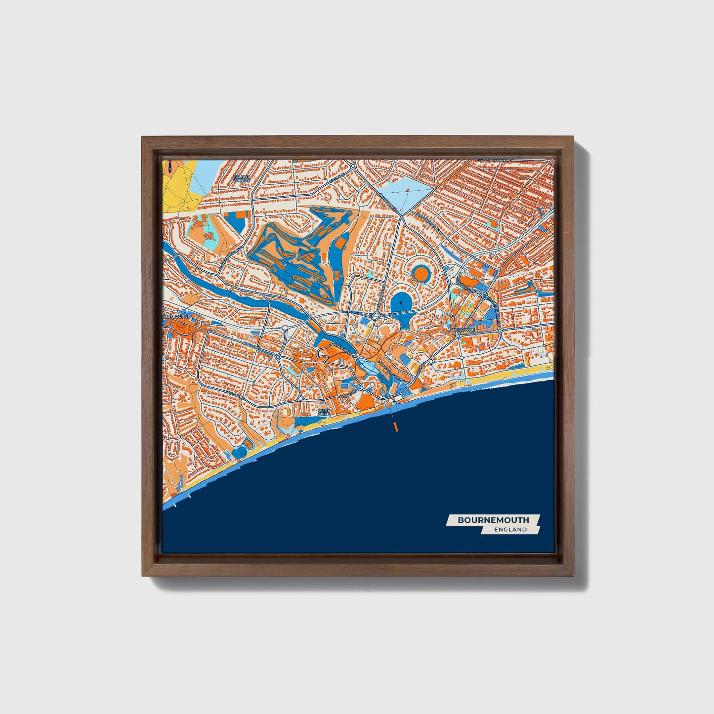 Bournemouth England Colorful City Map Canvas Print • Dark Wooden Framed