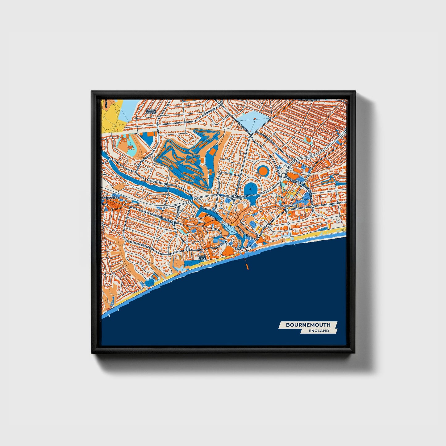 Bournemouth England Colorful City Map Canvas Print • Black Framed