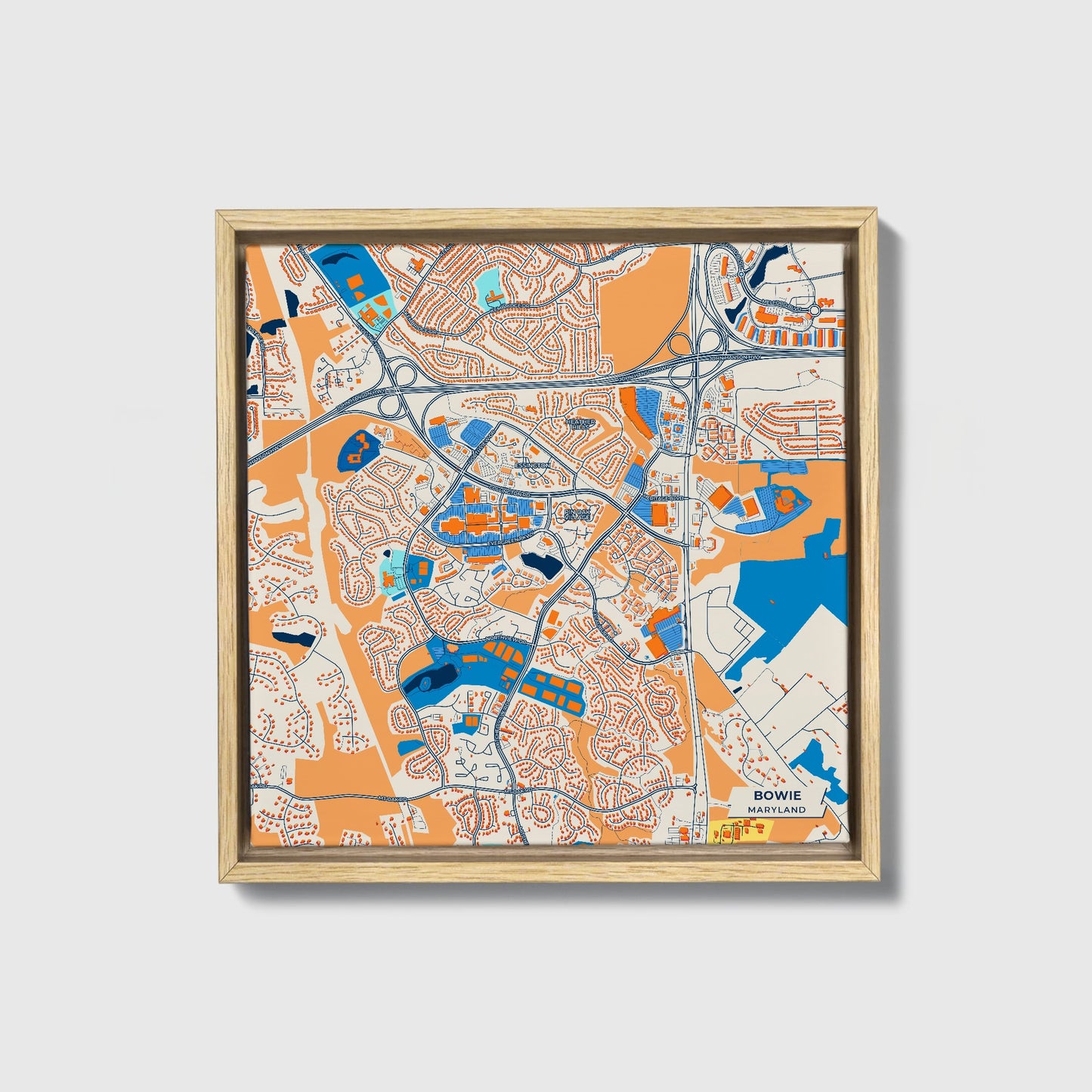 Bowie Maryland Colorful City Map Canvas Print • Natural Wooden Framed