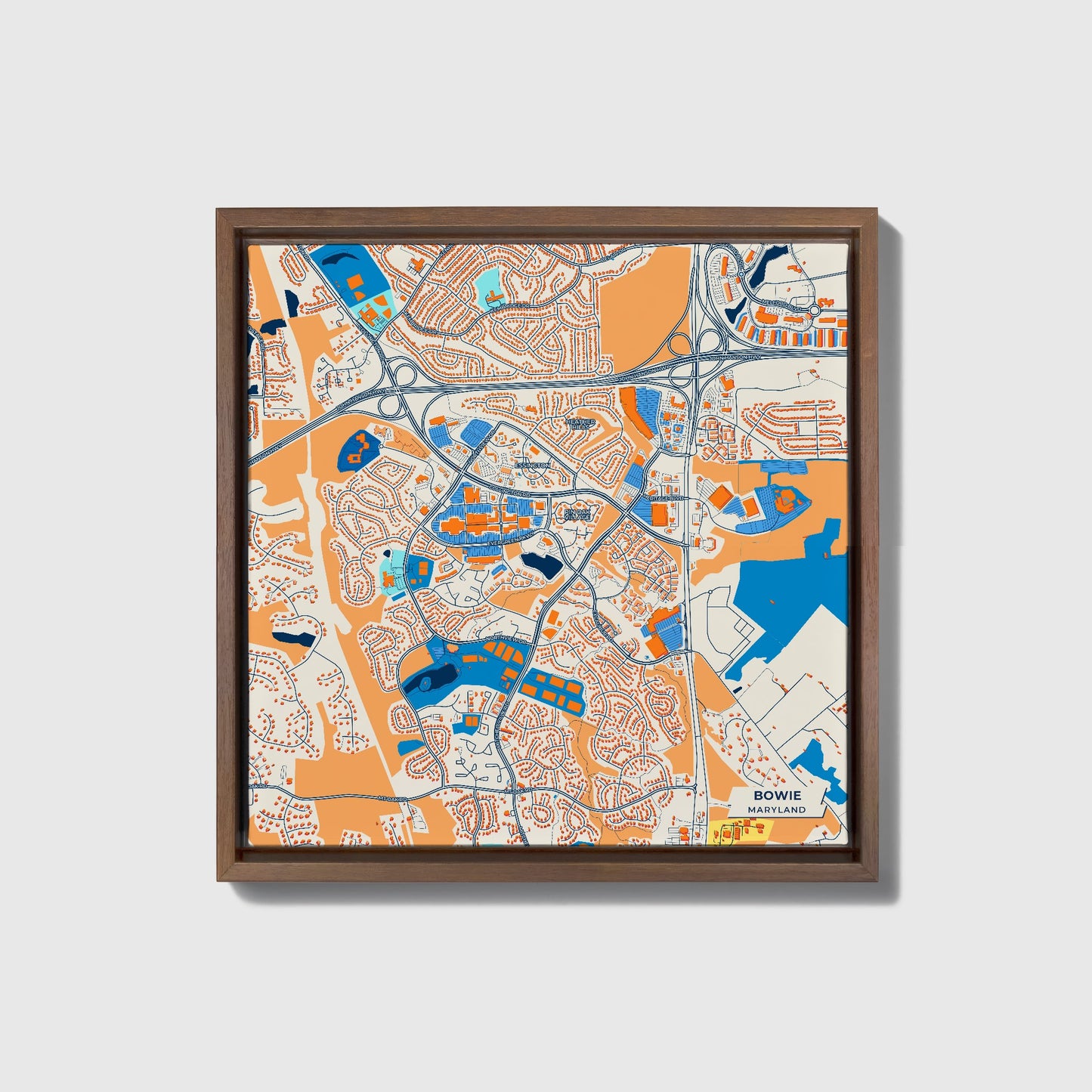Bowie Maryland Colorful City Map Canvas Print • Dark Wooden Framed