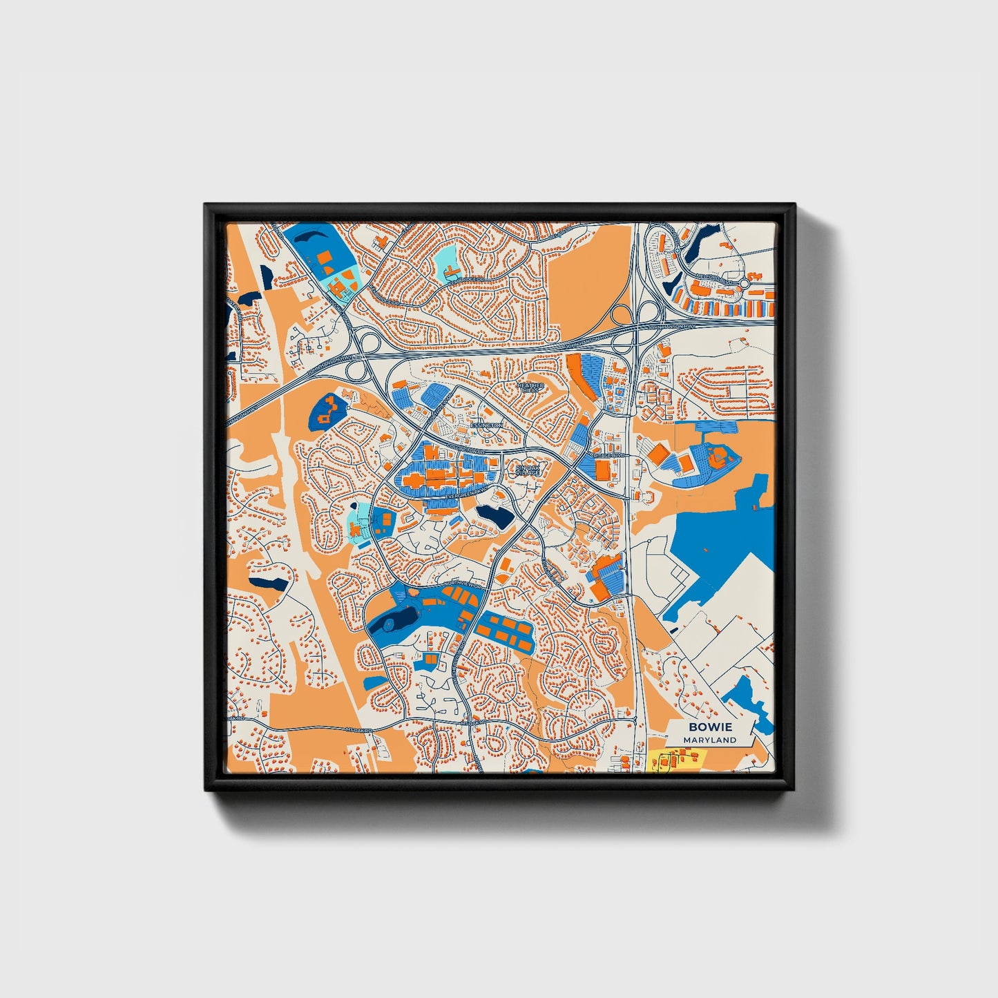 Bowie Maryland Colorful City Map Canvas Print • Black Framed