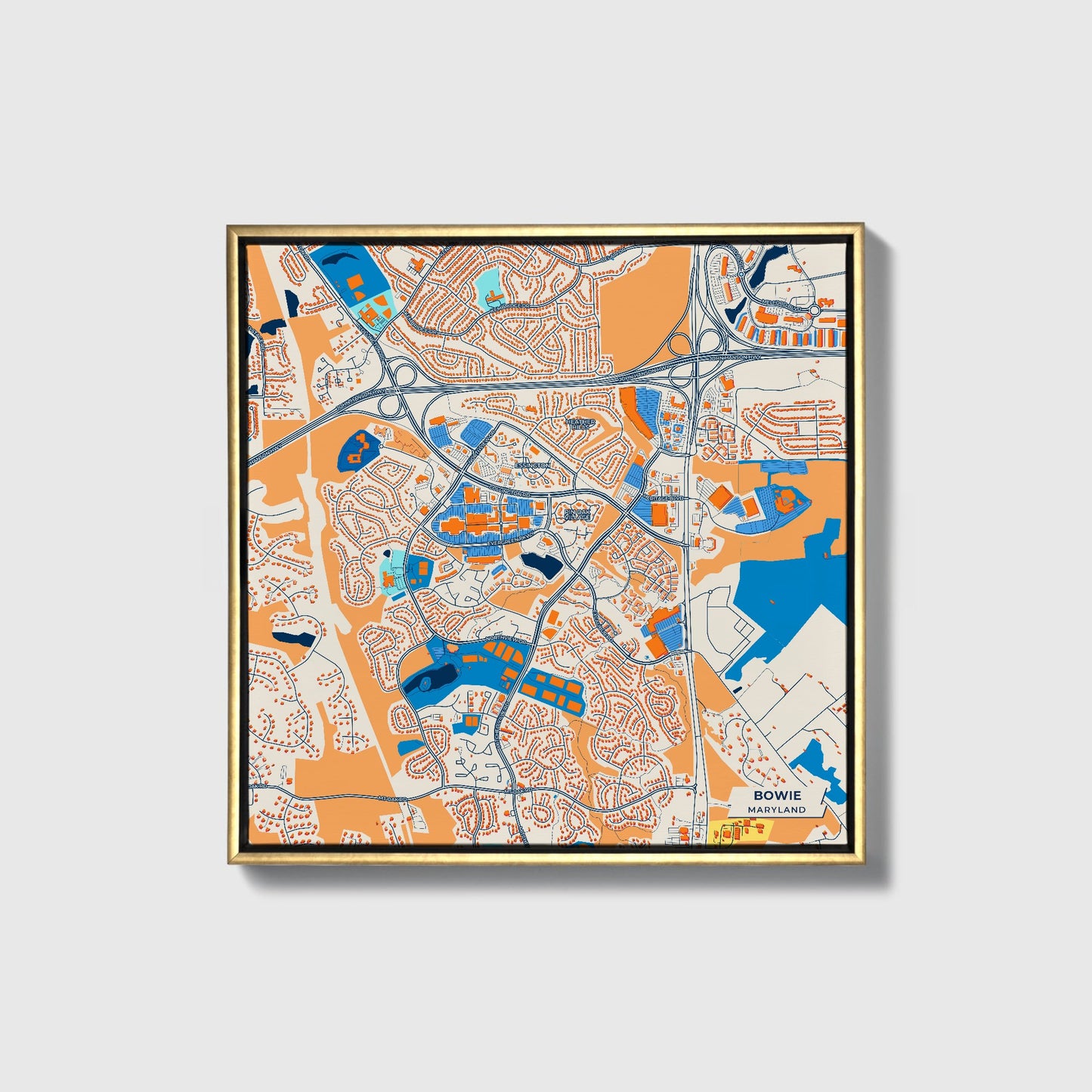 Bowie Maryland Colorful City Map Canvas Print • Gold Framed