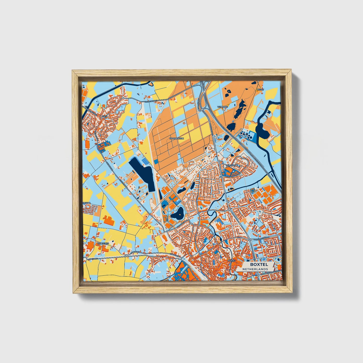 Boxtel Netherlands Colorful City Map Canvas Print • Natural Wooden Framed