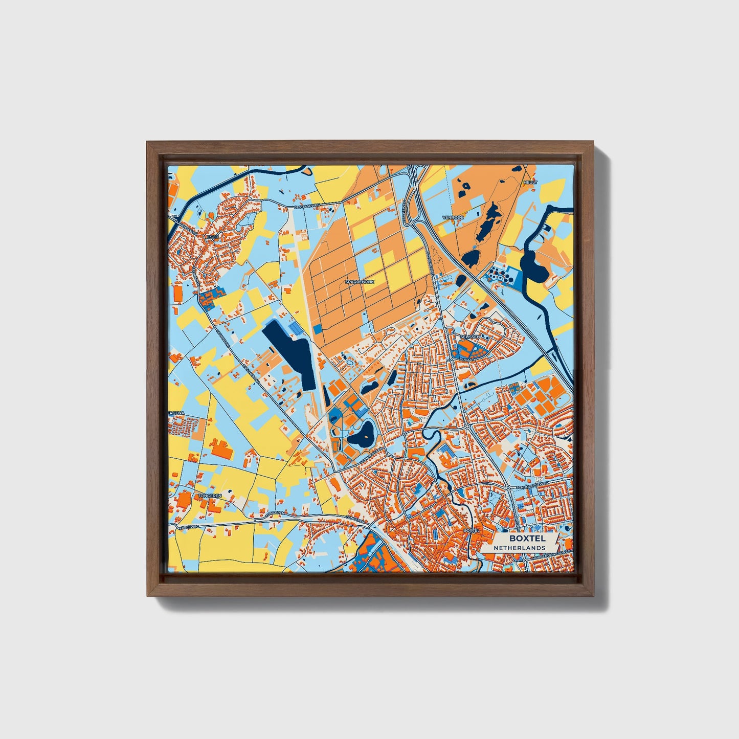 Boxtel Netherlands Colorful City Map Canvas Print • Dark Wooden Framed