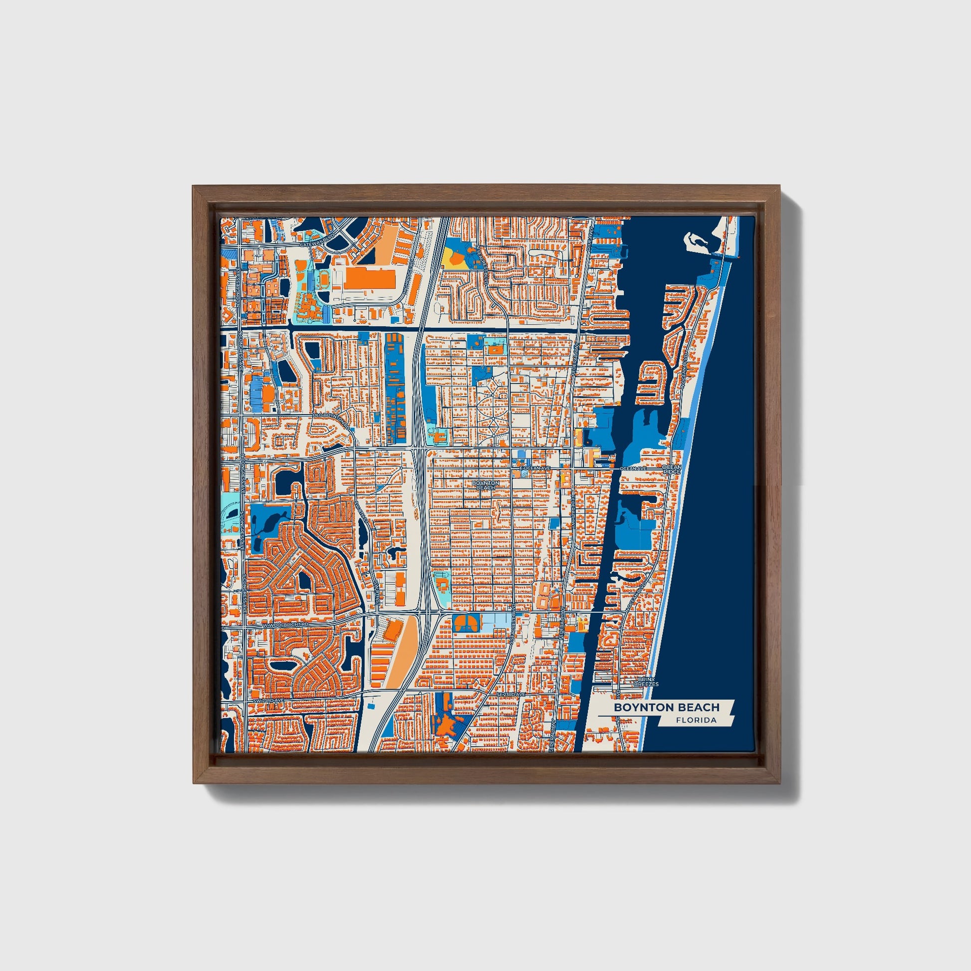 Boynton Beach Florida Colorful City Map Canvas Print • Dark Wooden Framed