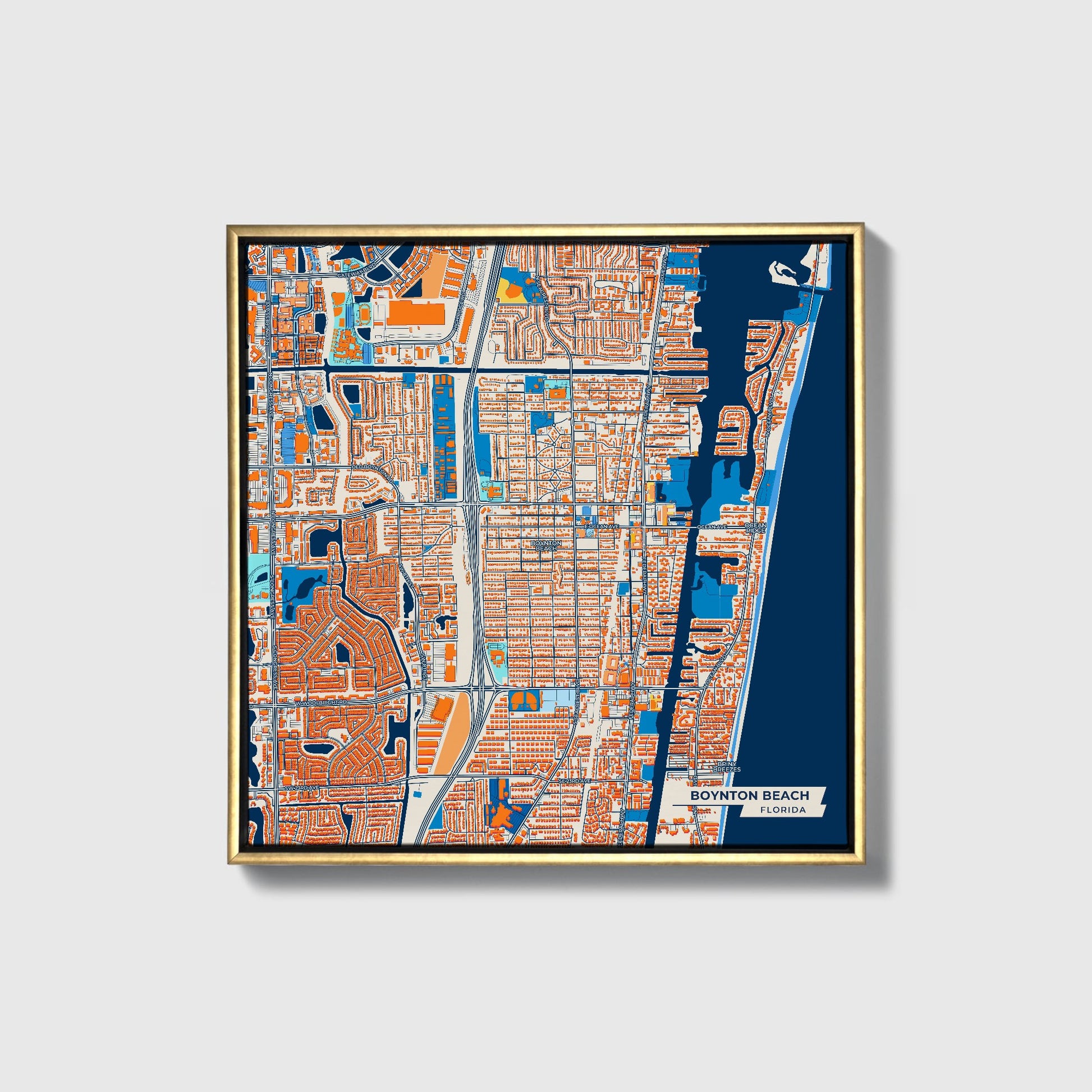 Boynton Beach Florida Colorful City Map Canvas Print • Gold Framed