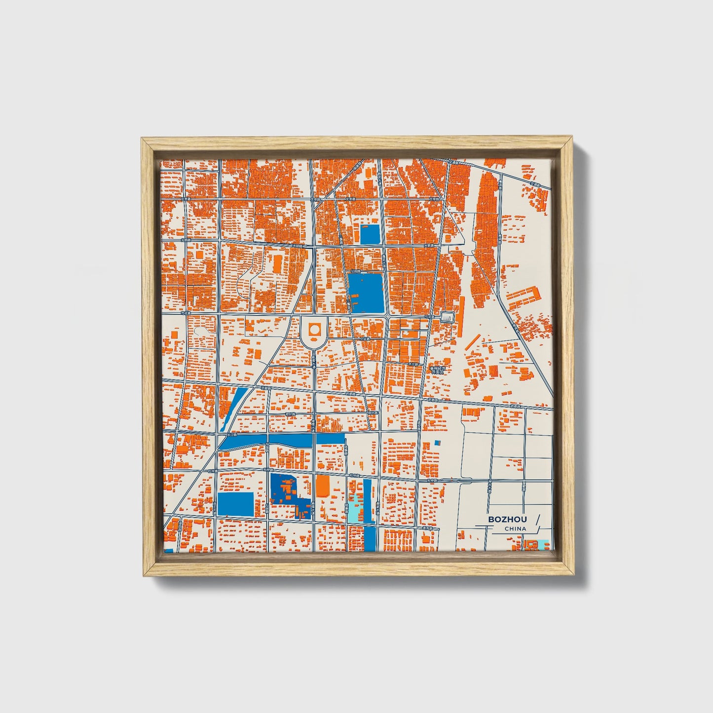 Bozhou China Colorful City Map Canvas Print • Natural Wooden Framed