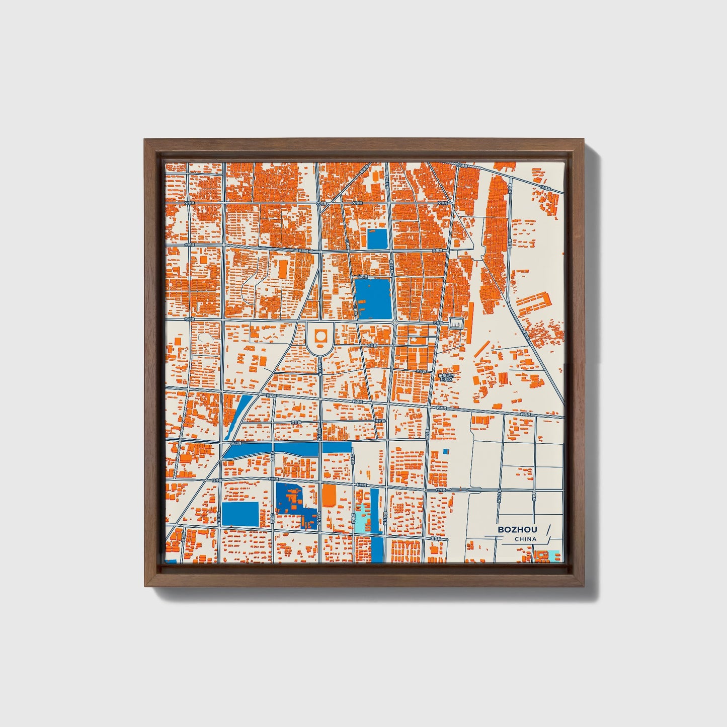 Bozhou China Colorful City Map Canvas Print • Dark Wooden Framed