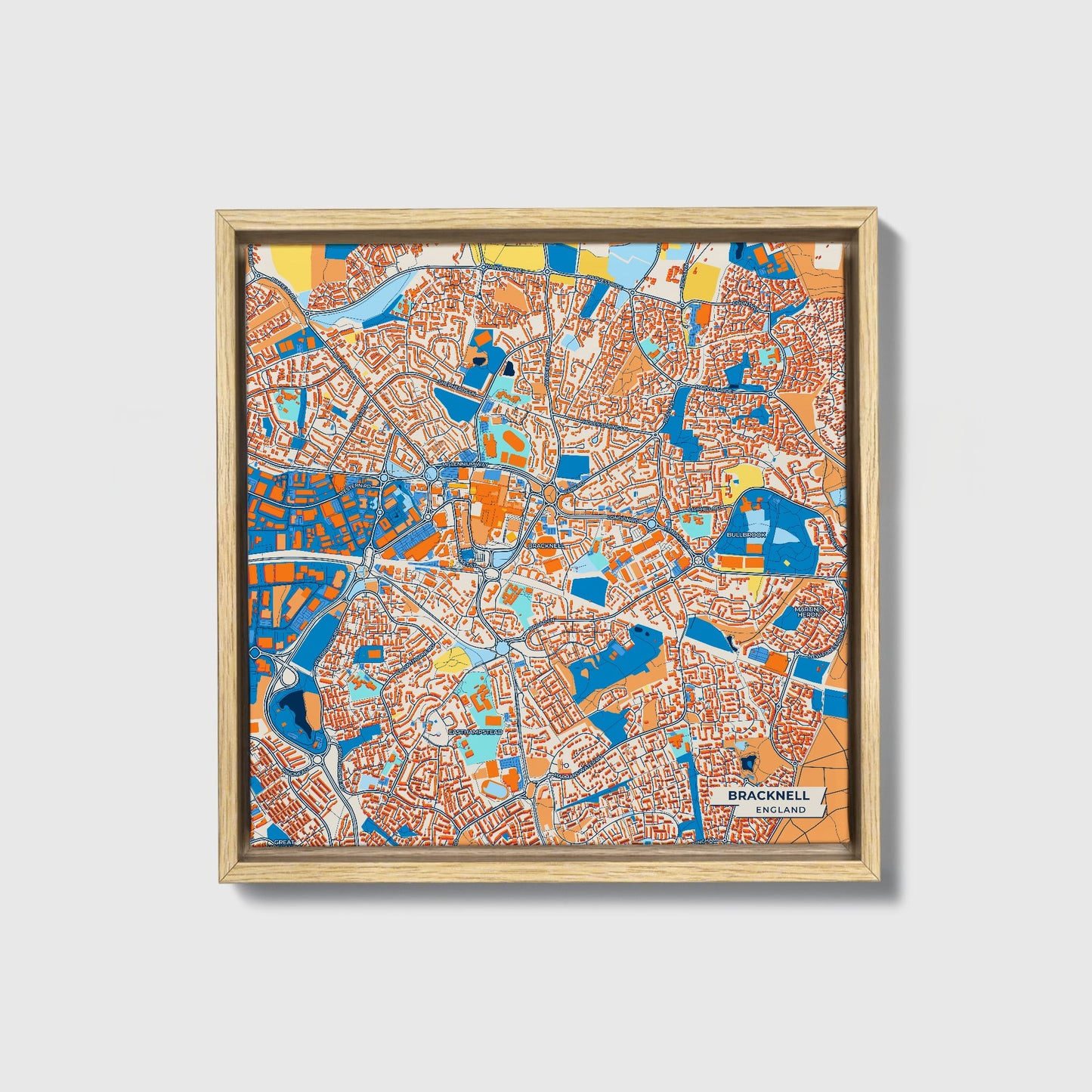 Bracknell England Colorful City Map Canvas Print • Natural Wooden Framed