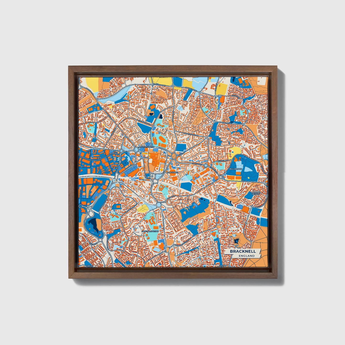 Bracknell England Colorful City Map Canvas Print • Dark Wooden Framed