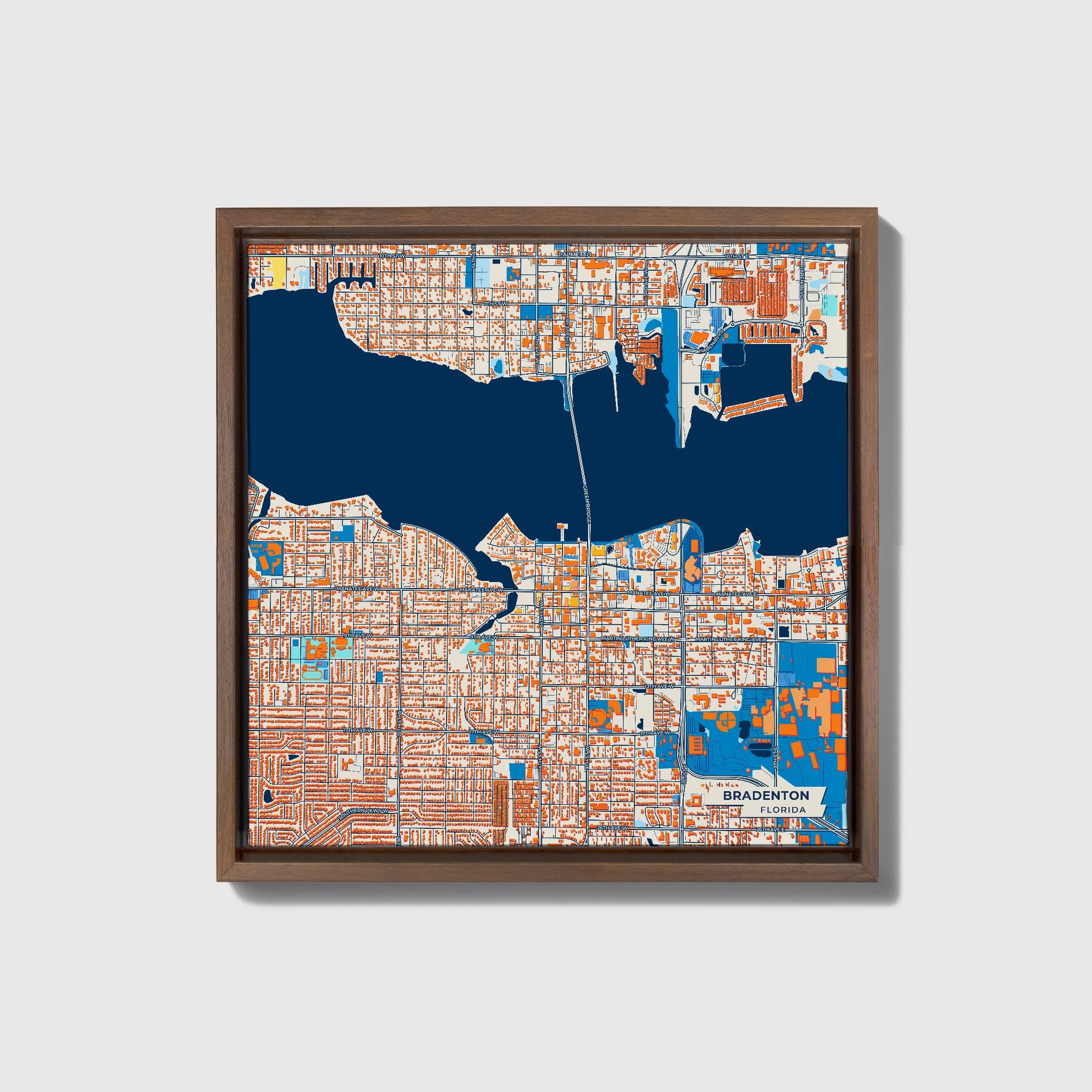 Bradenton Florida Colorful City Map Canvas Print • Dark Wooden Framed
