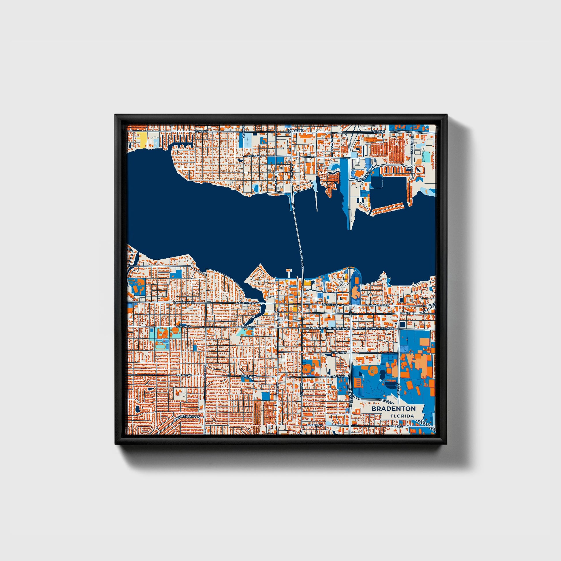 Bradenton Florida Colorful City Map Canvas Print • Black Framed
