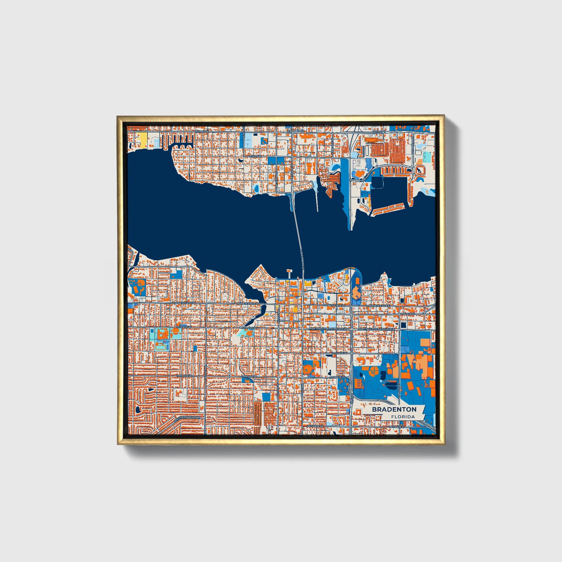 Bradenton Florida Colorful City Map Canvas Print • Gold Framed