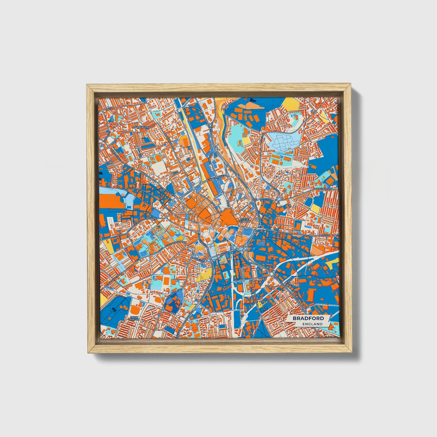 Bradford England Colorful City Map Canvas Print • Natural Wooden Framed