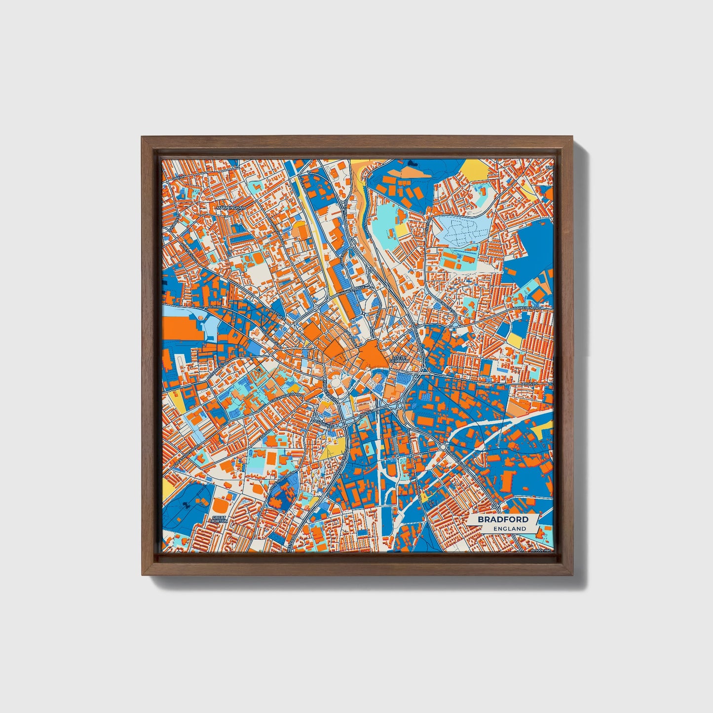 Bradford England Colorful City Map Canvas Print • Dark Wooden Framed