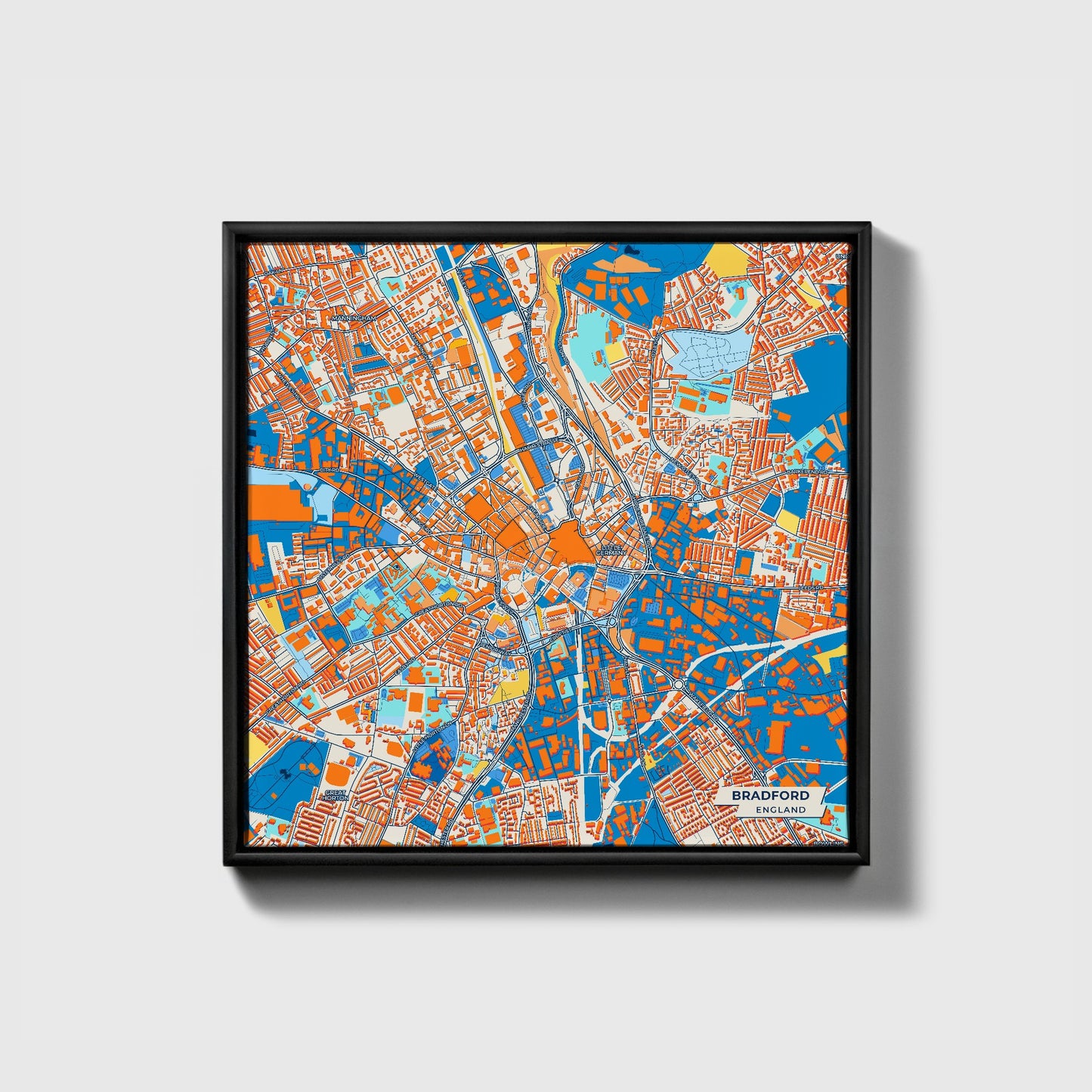 Bradford England Colorful City Map Canvas Print • Black Framed