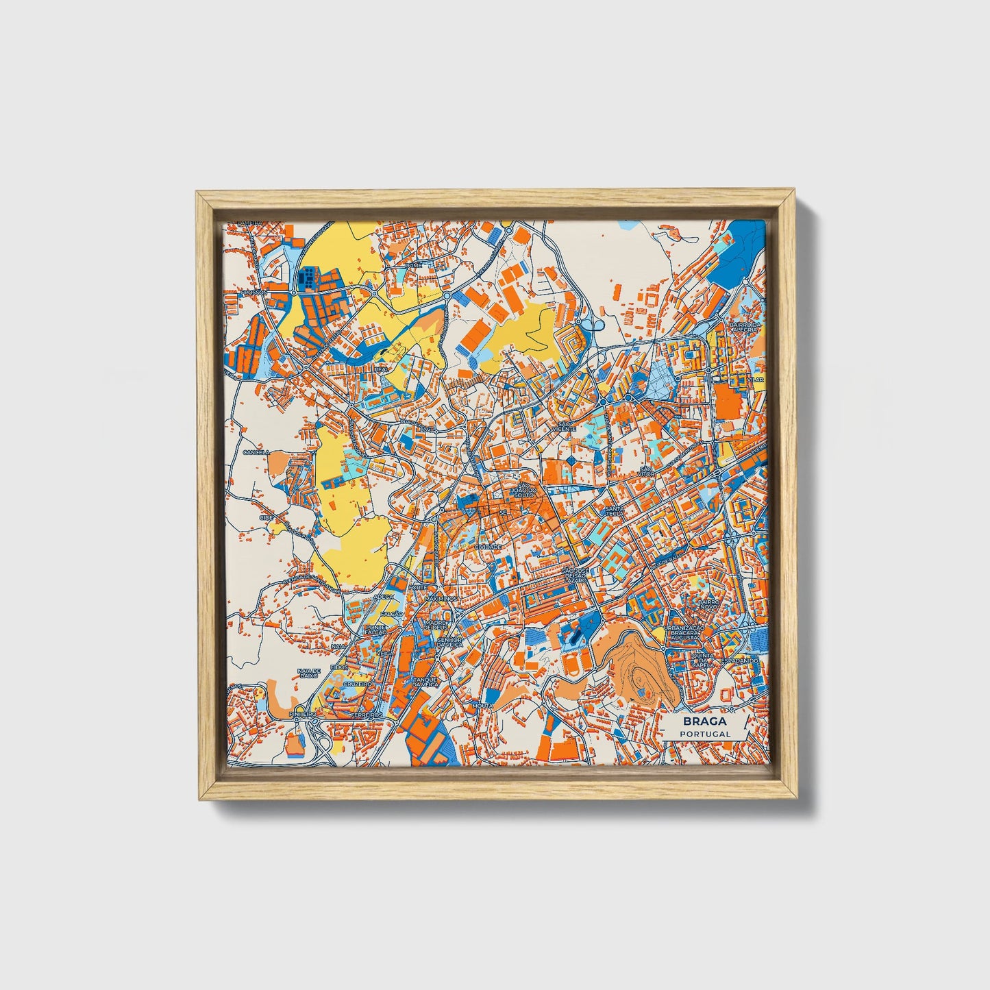Braga Portugal Colorful City Map Canvas Print • Natural Wooden Framed