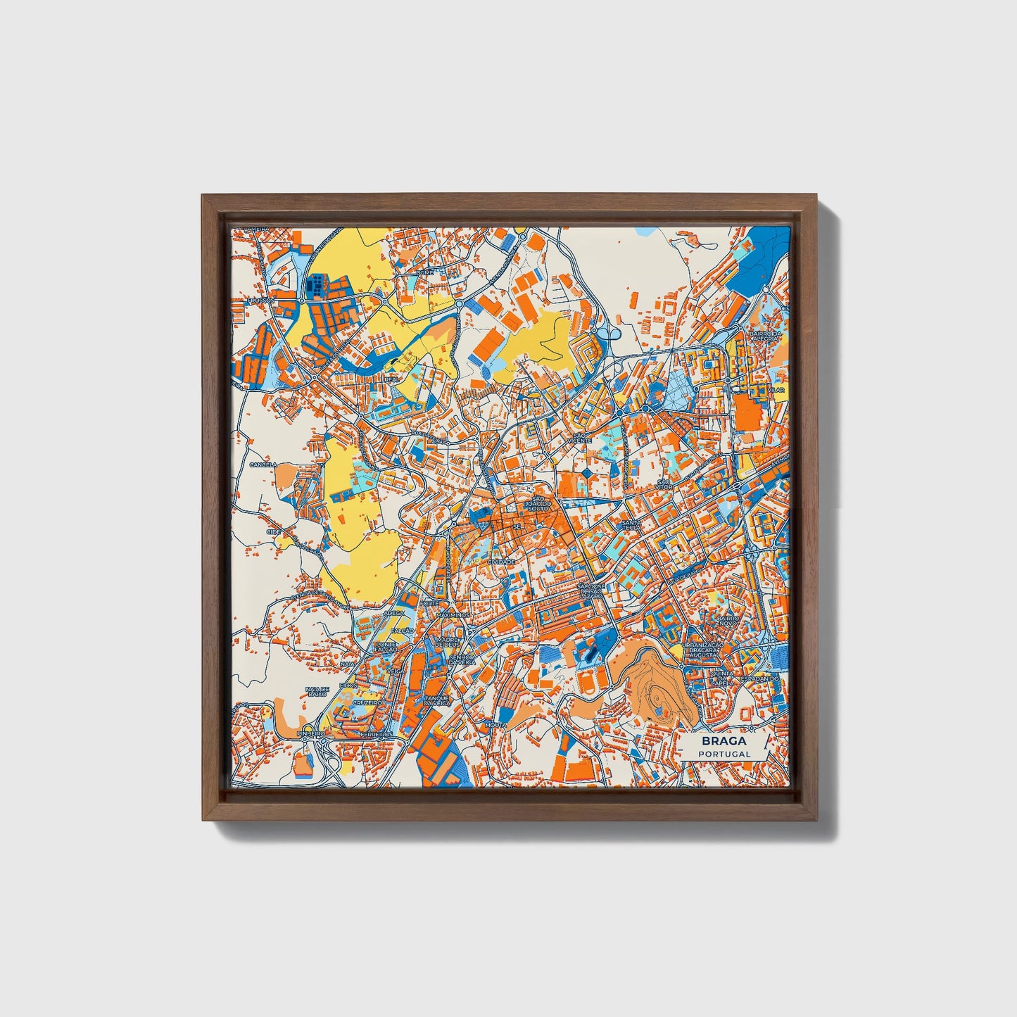 Braga Portugal Colorful City Map Canvas Print • Dark Wooden Framed