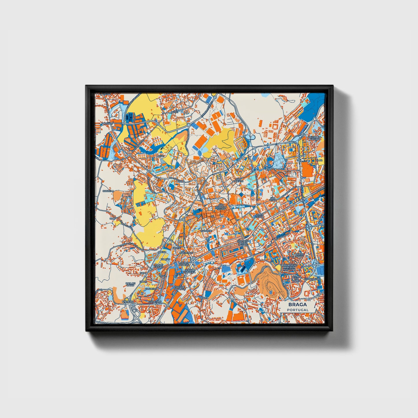 Braga Portugal Colorful City Map Canvas Print • Black Framed