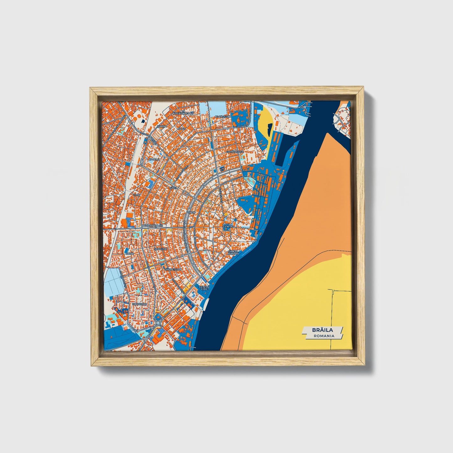 Brăila Romania Colorful City Map Canvas Print • Natural Wooden Framed