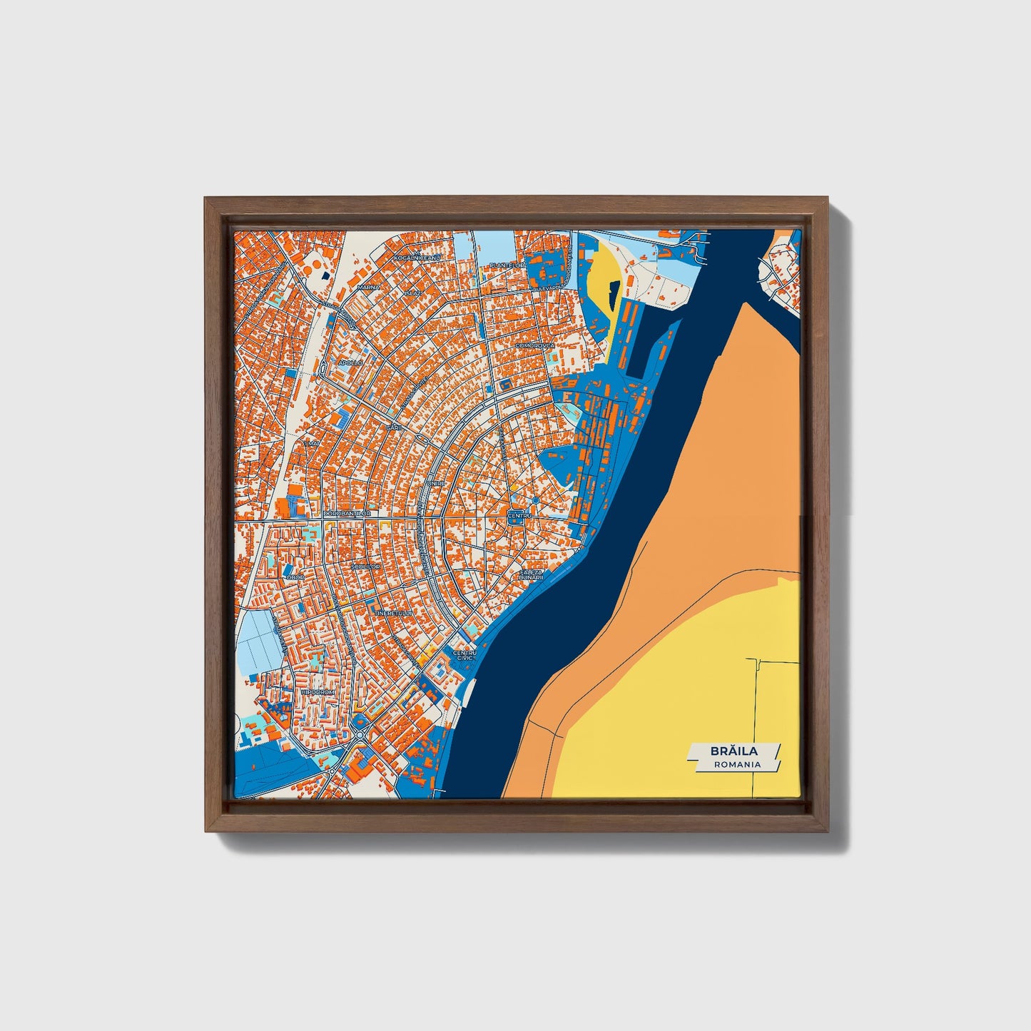 Brăila Romania Colorful City Map Canvas Print • Dark Wooden Framed