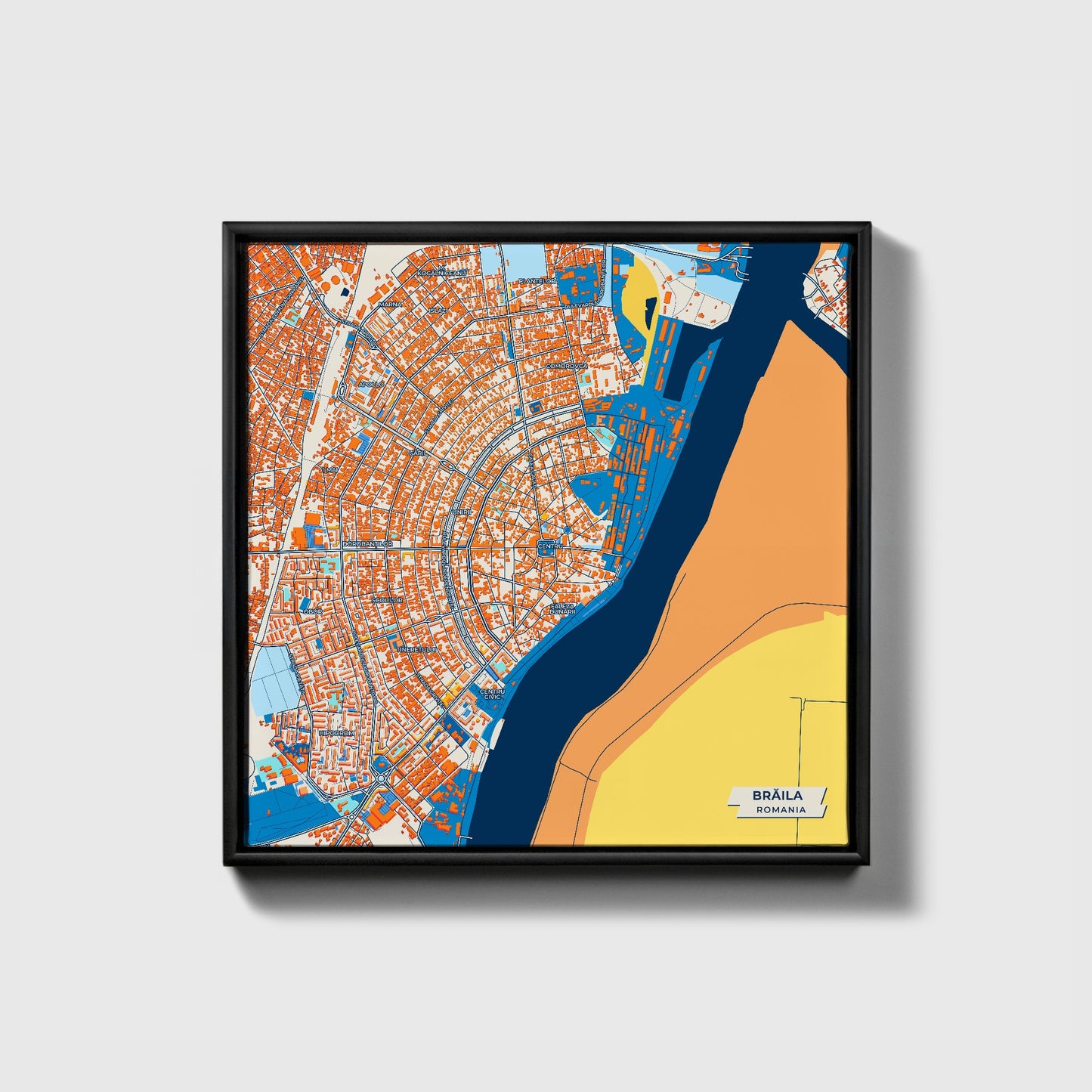 Brăila Romania Colorful City Map Canvas Print • Black Framed