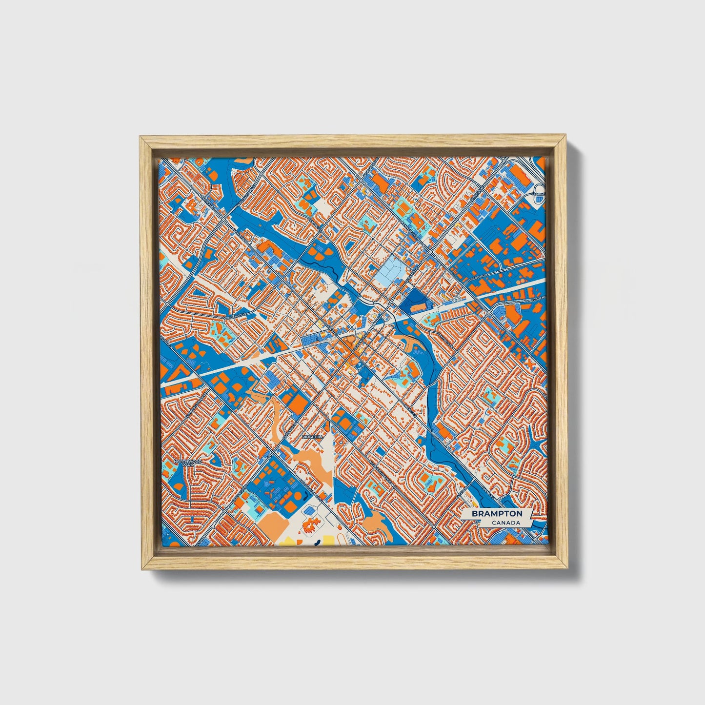 Brampton Canada Colorful City Map Canvas Print • Natural Wooden Framed