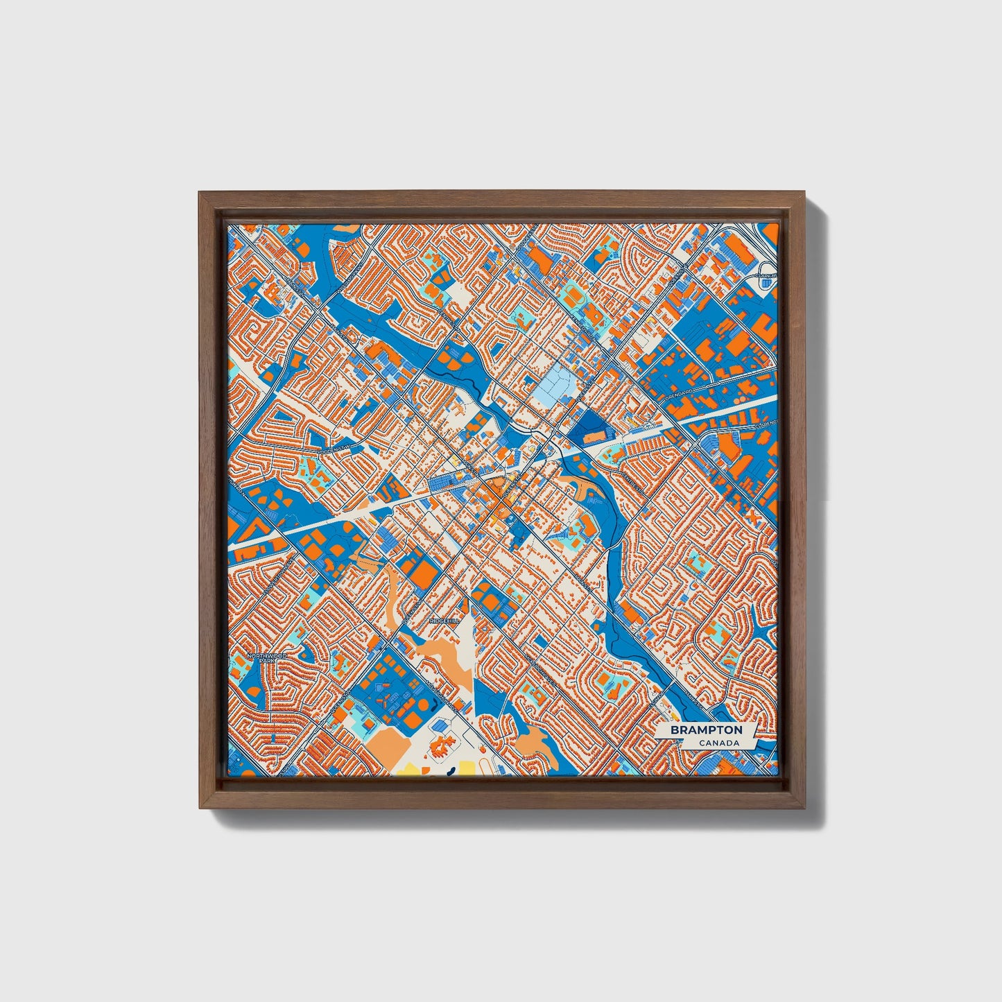 Brampton Canada Colorful City Map Canvas Print • Dark Wooden Framed