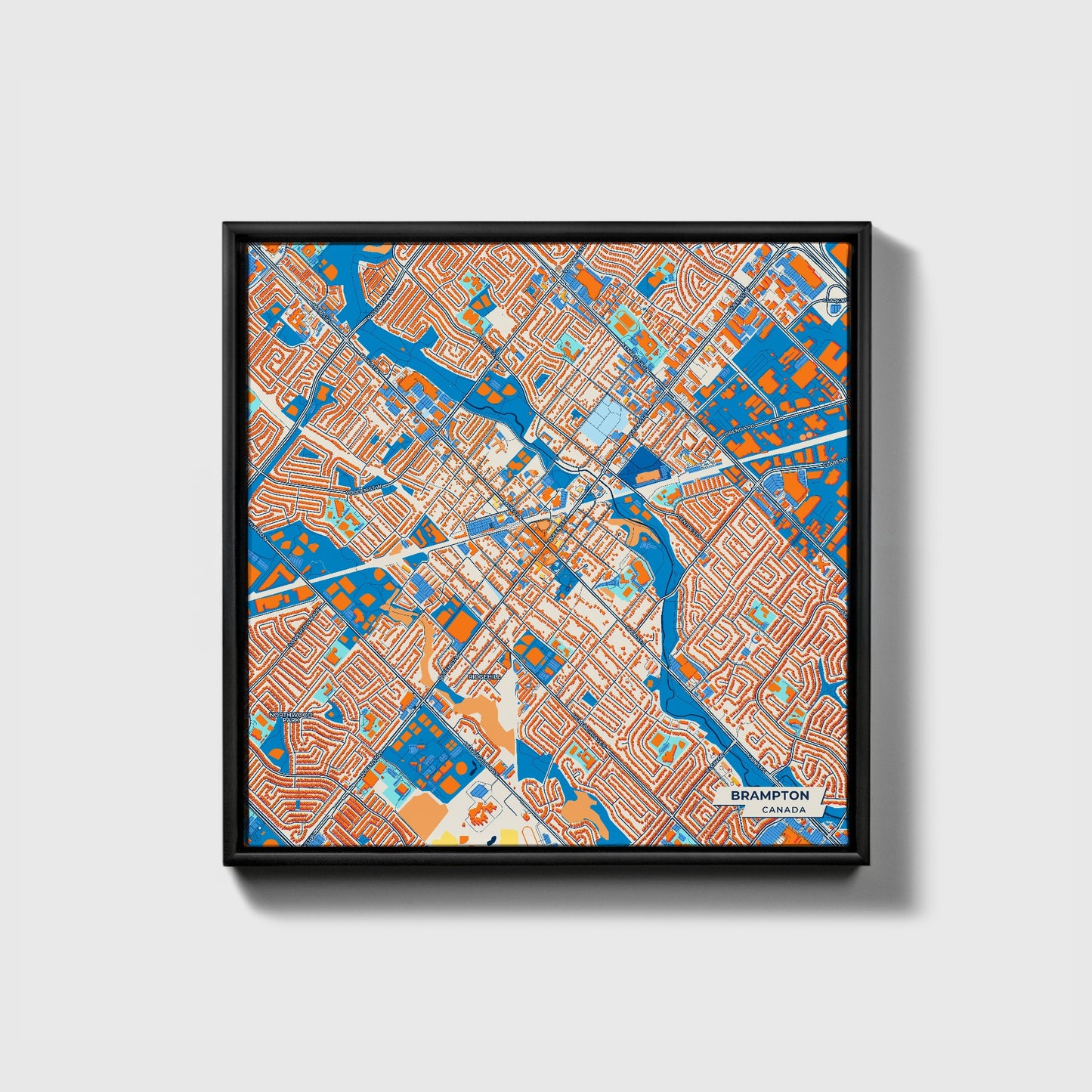 Brampton Canada Colorful City Map Canvas Print • Black Framed