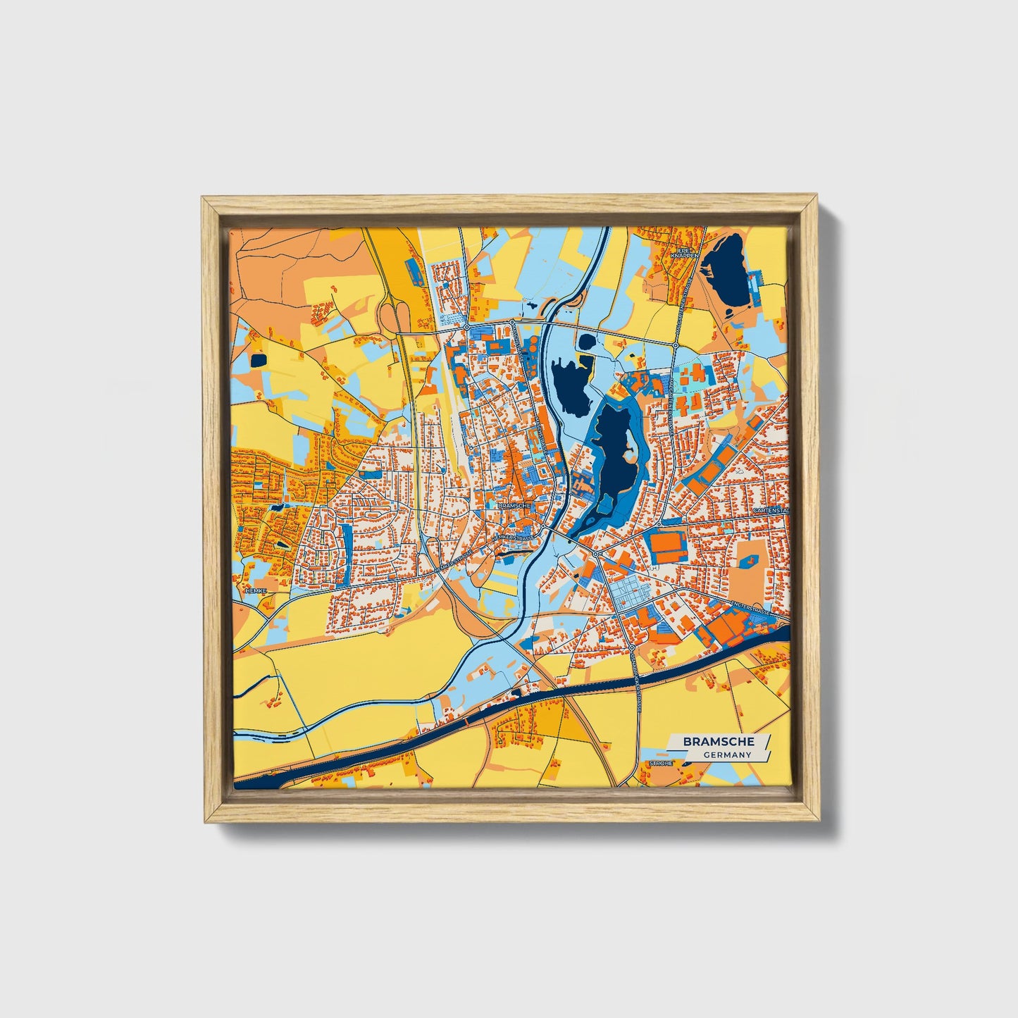 Bramsche Germany Colorful City Map Canvas Print • Natural Wooden Framed
