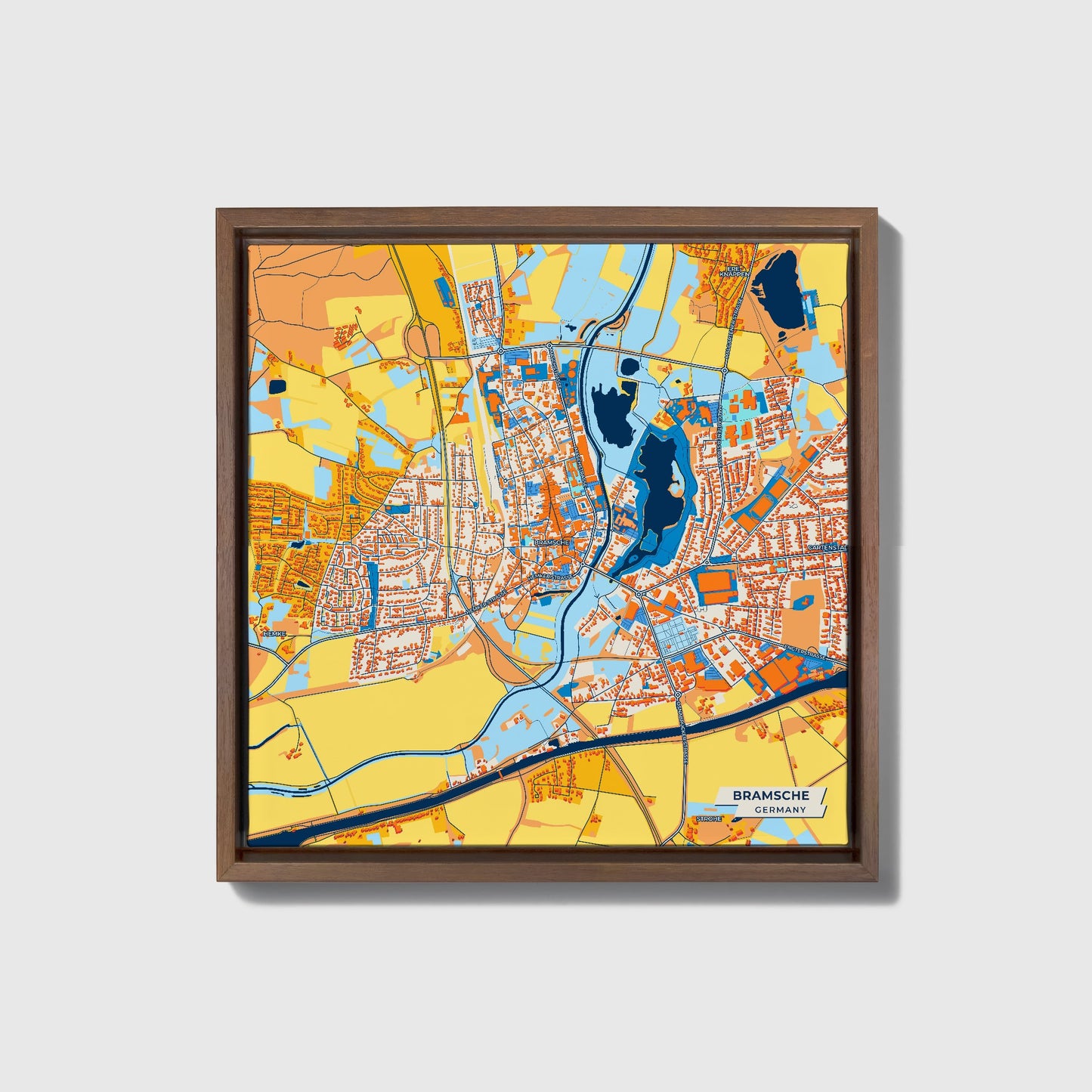 Bramsche Germany Colorful City Map Canvas Print • Dark Wooden Framed