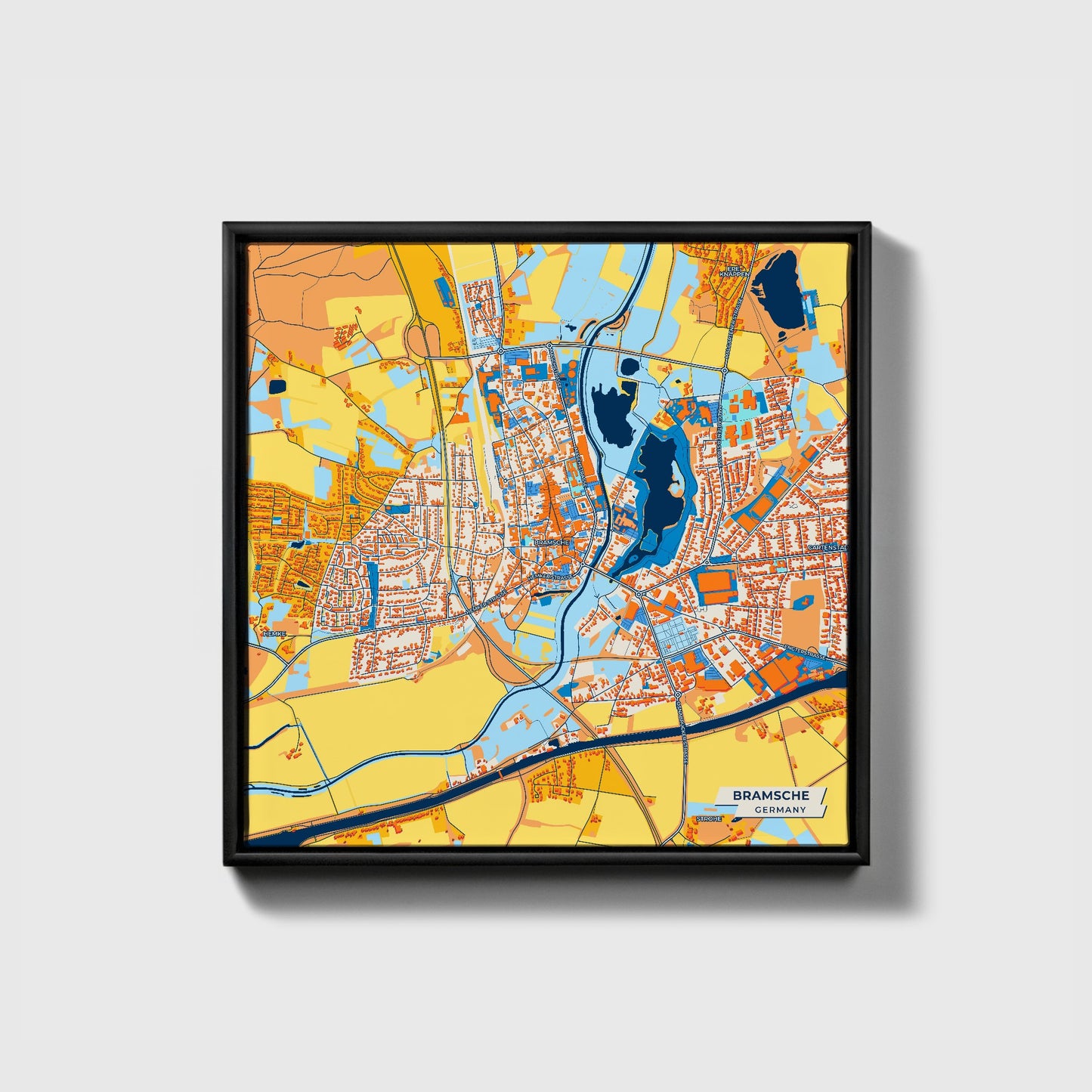 Bramsche Germany Colorful City Map Canvas Print • Black Framed
