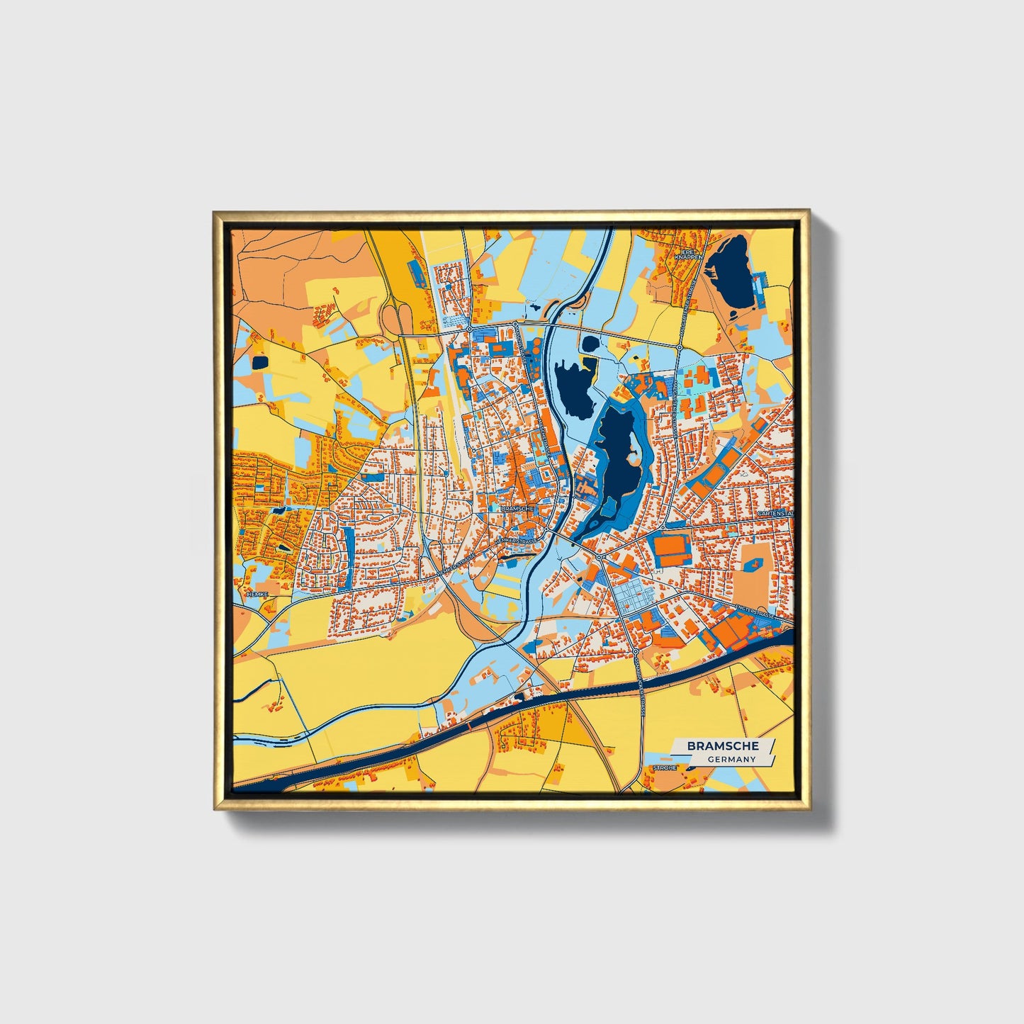 Bramsche Germany Colorful City Map Canvas Print • Gold Framed