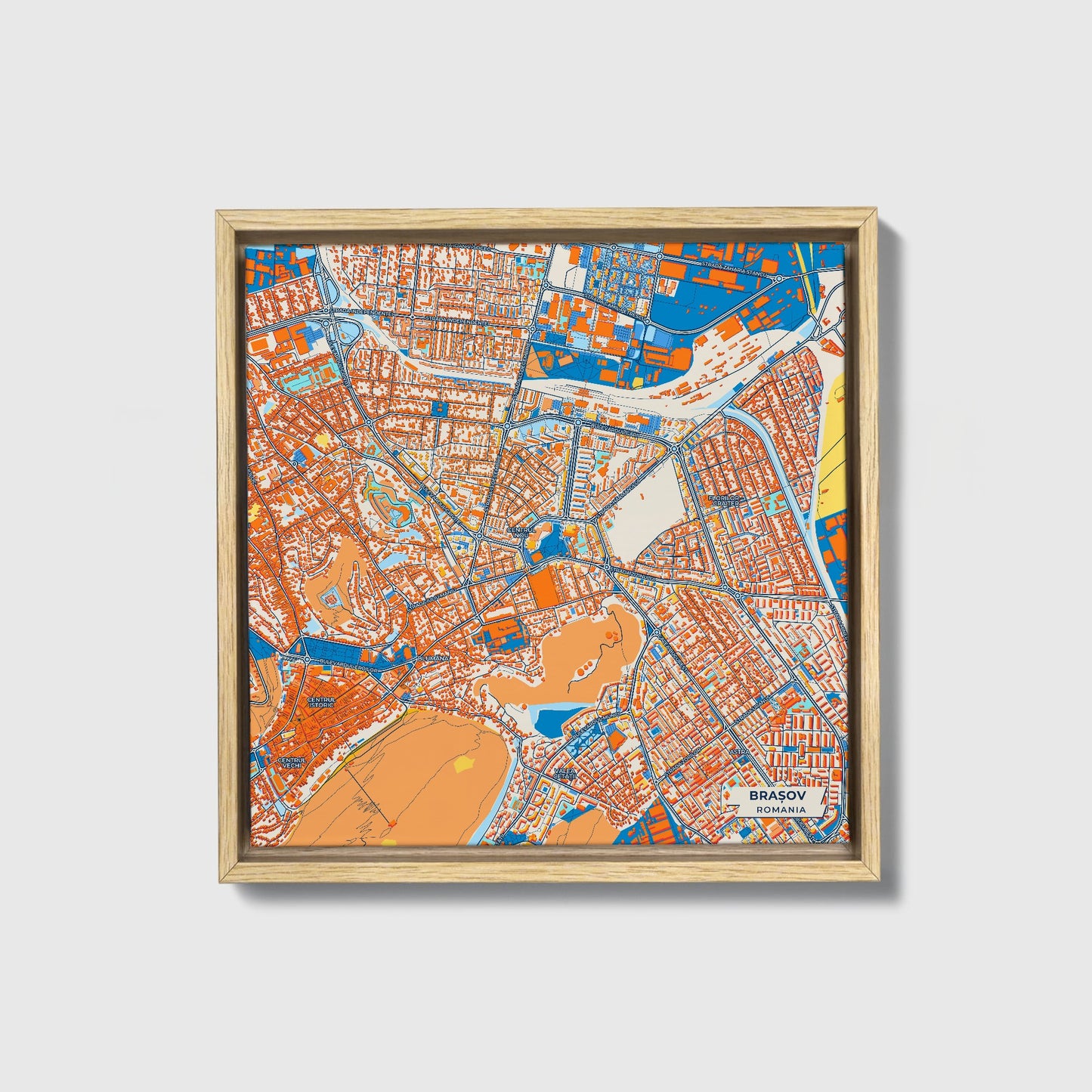 Brașov Romania Colorful City Map Canvas Print • Natural Wooden Framed