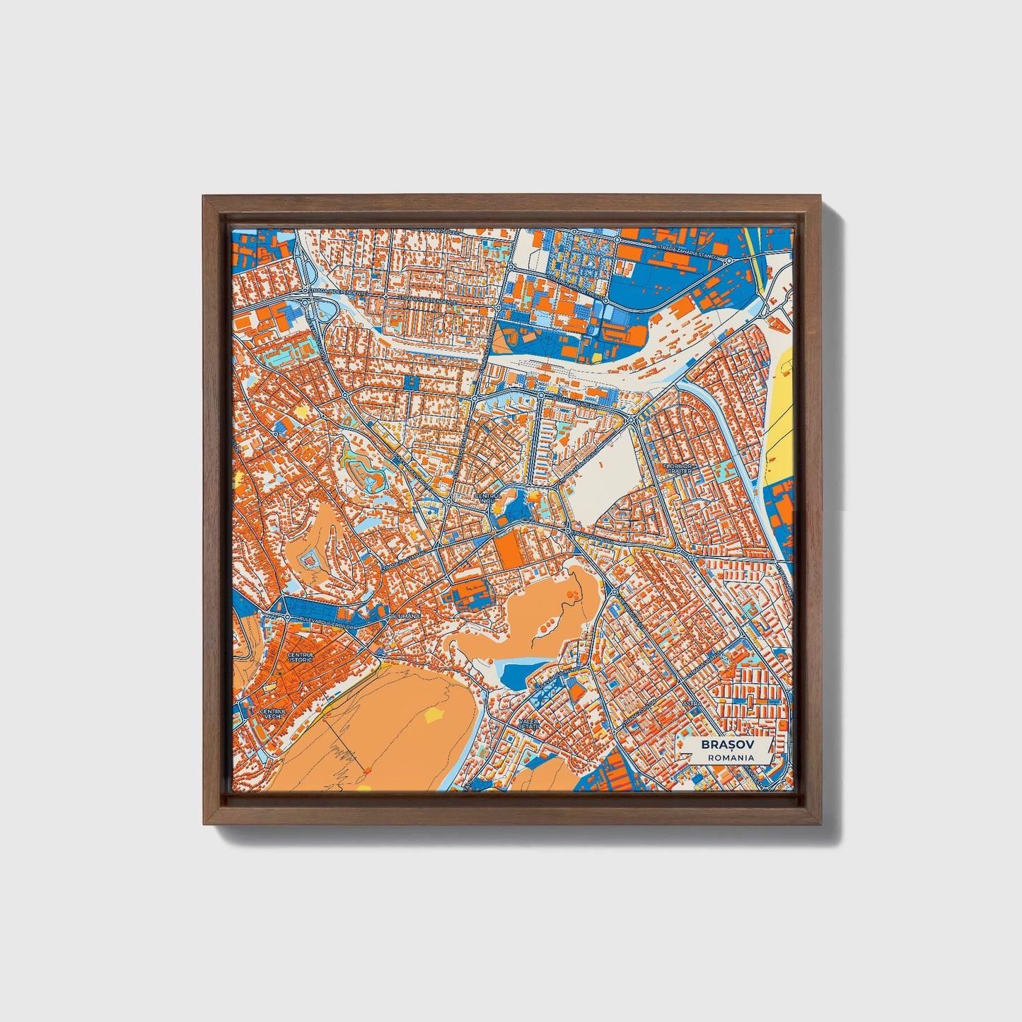 Brașov Romania Colorful City Map Canvas Print • Dark Wooden Framed