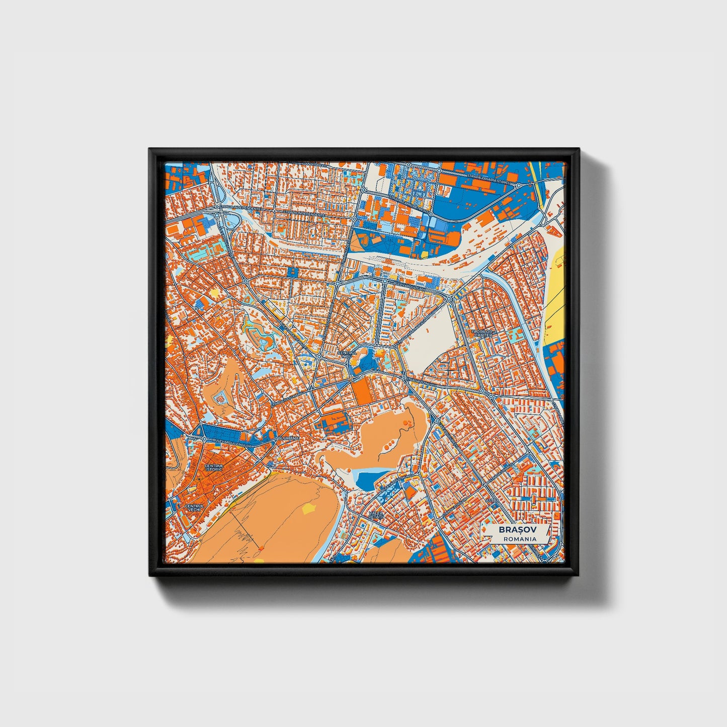 Brașov Romania Colorful City Map Canvas Print • Black Framed